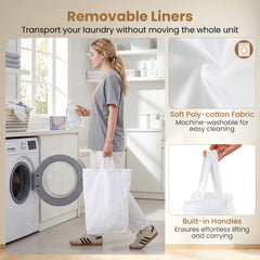 66CM Tall Rolling Laundry Hamper with 3 Sections and Lid and Lockable Wheels-Natural