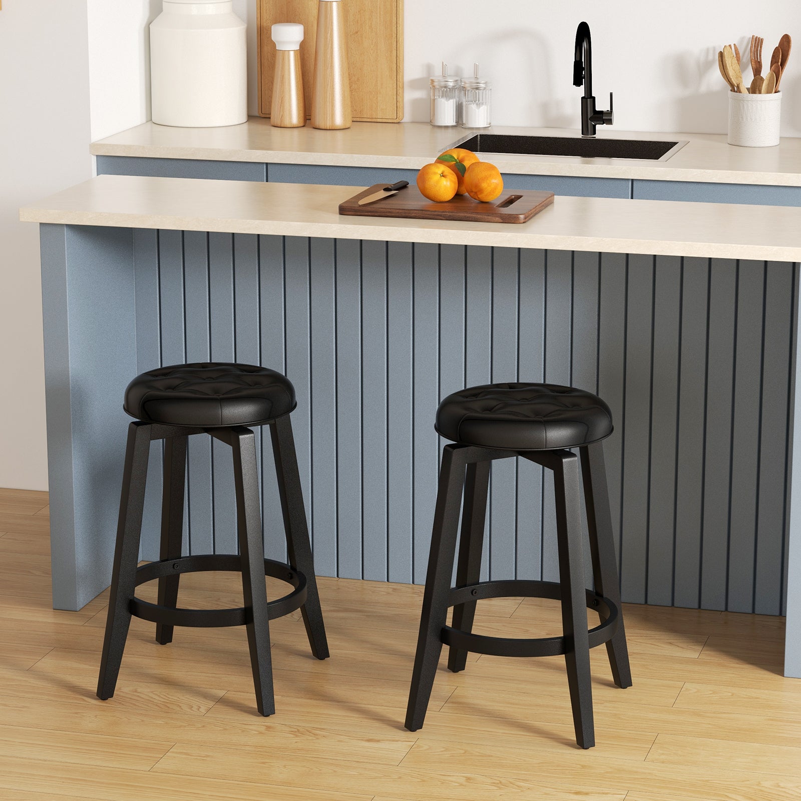 360¬∞ Swivel Upholstered Bar Stool Set of 2 with Footrest-Black