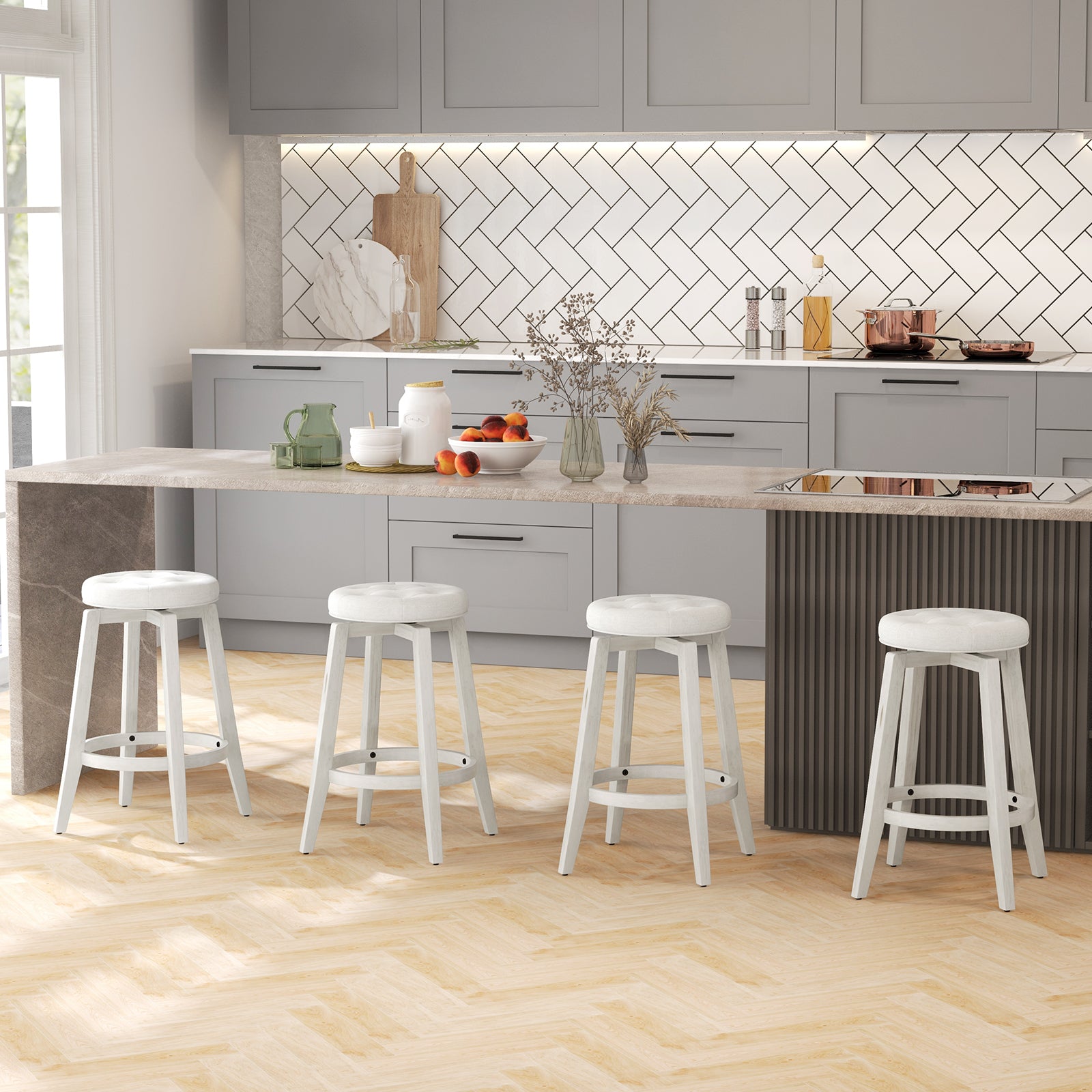 360¬∞ Swivel Upholstered Bar Stool Set of 2 with Footrest-White