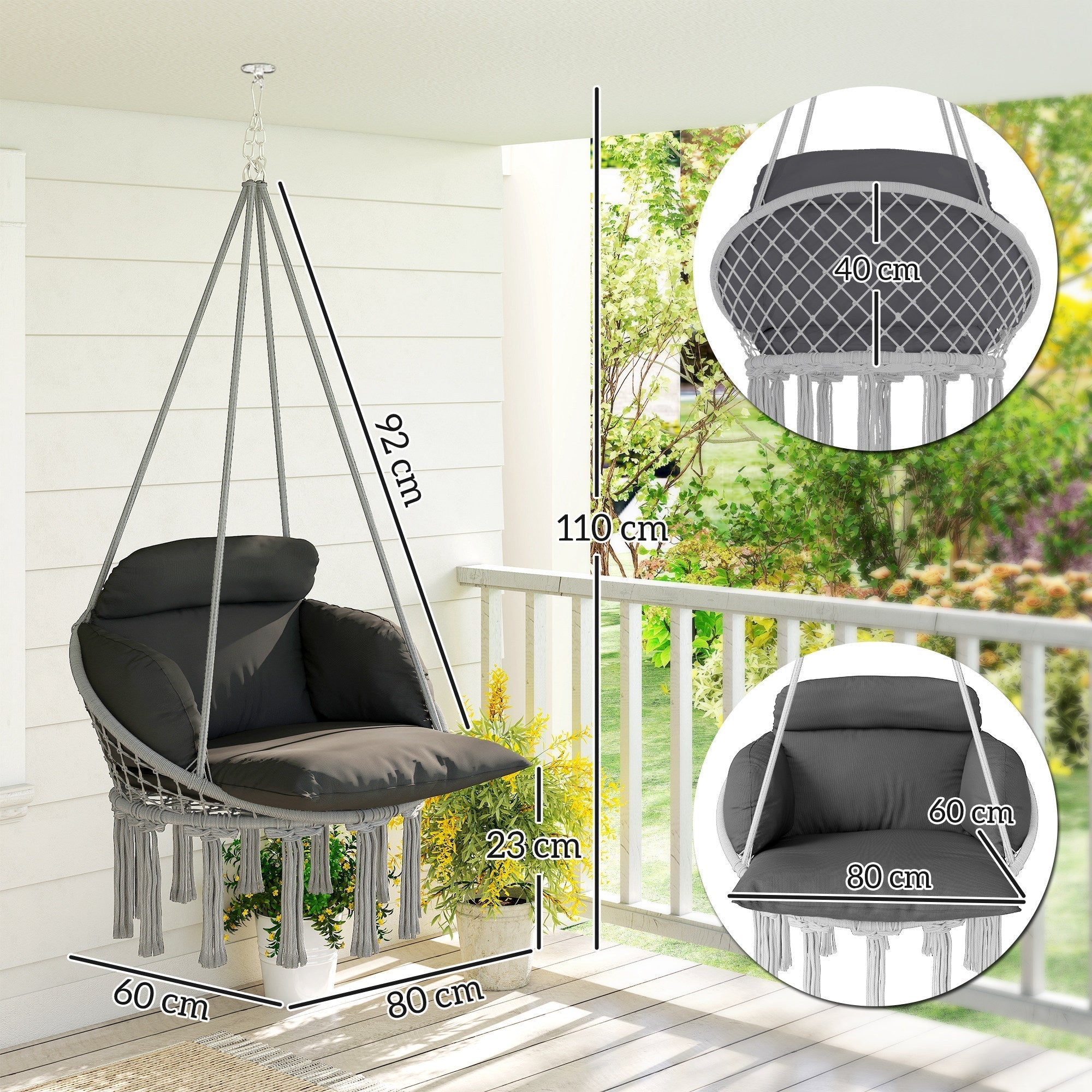 Outsunny Hanging Chair Outdoor Hammock Chair with Soft Cushion, Cotton Rope Boho Style Swing Chair, Hanging Garden Swing Seat for Indoor Outdoor, Dark Grey