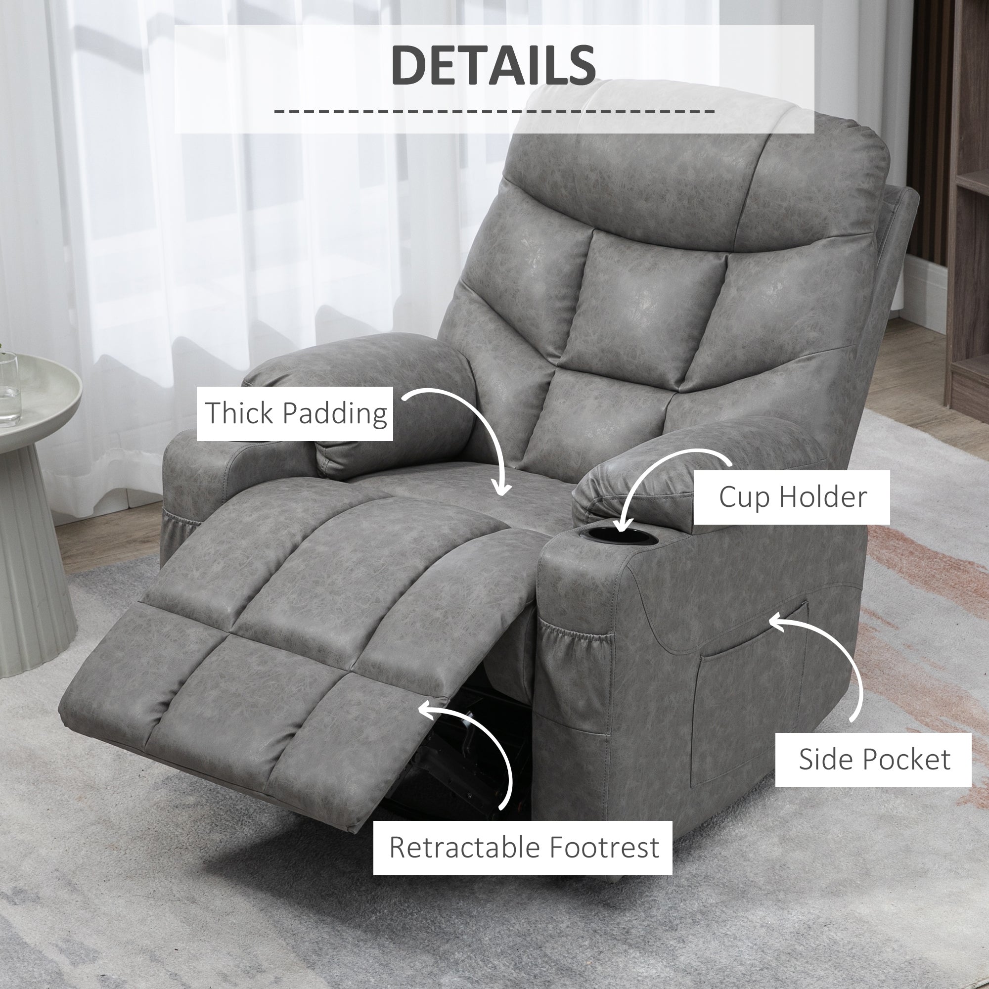 HOMCOM Thick Padded Faux Leather Recliner Armchair - Light Grey