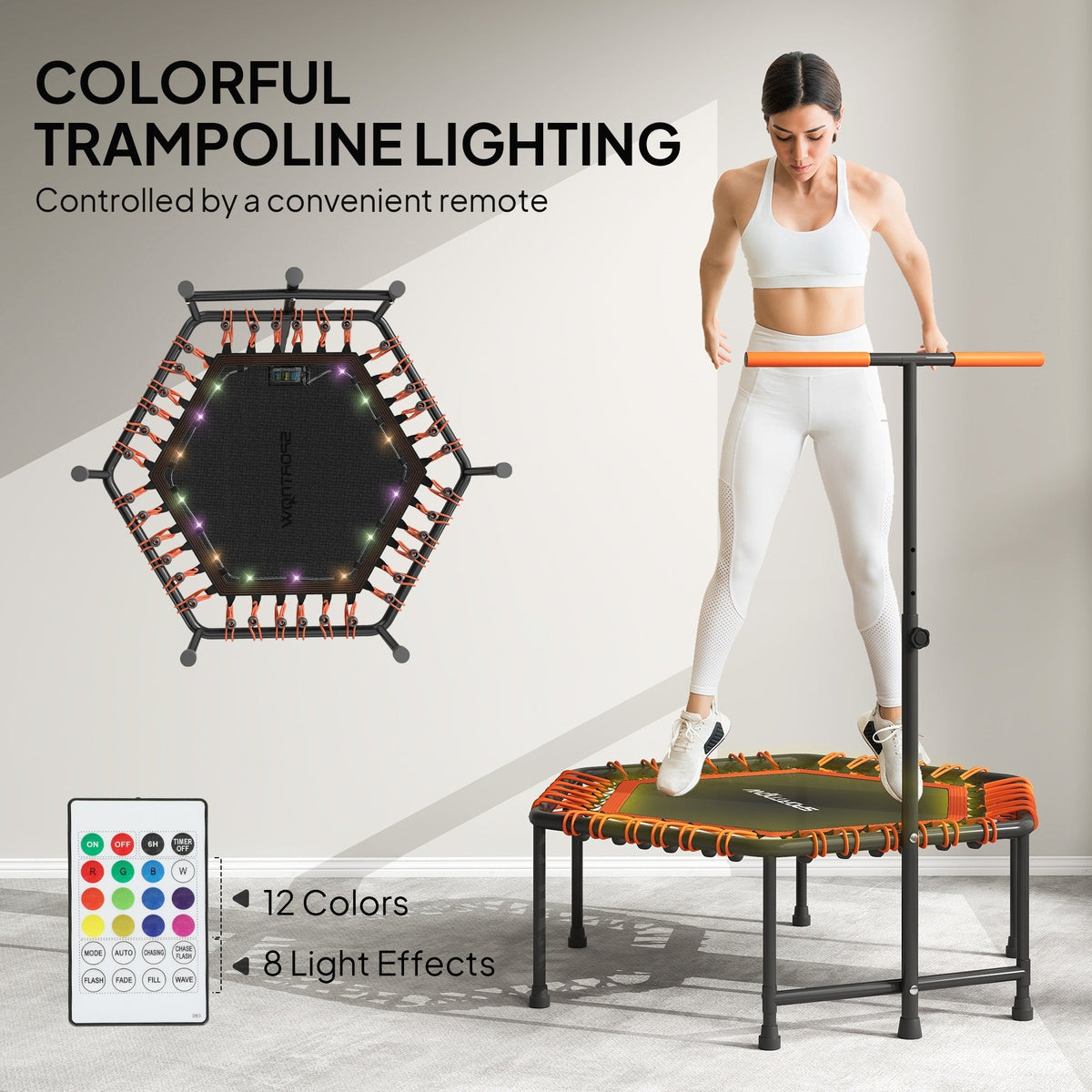 SPORTNOW 45" Rebounder Trampoline for Adults, Quiet Bungee Rebounder with LED Lights and Adjustable Handle, Orange - product