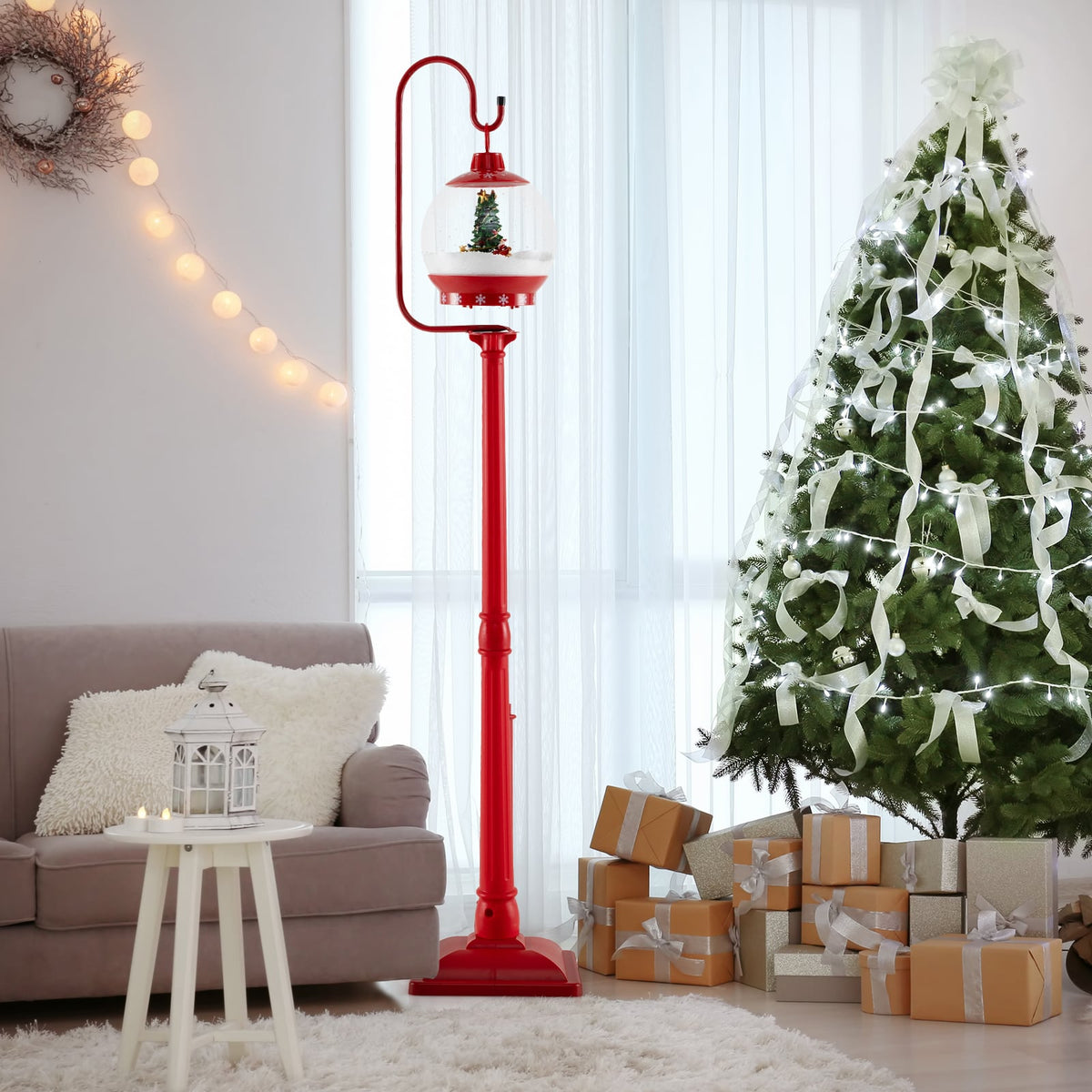 68 Inch Christmas Lamp Post with Sound-Activated Snow Globe Lantern-Red