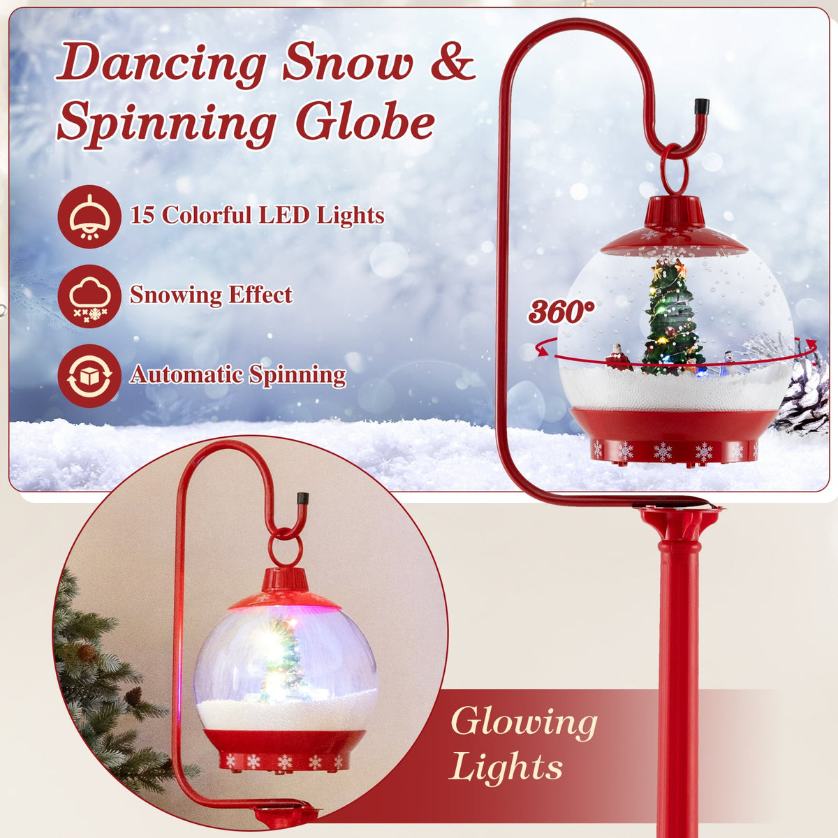 68 Inch Christmas Lamp Post with Sound-Activated Snow Globe Lantern-Red