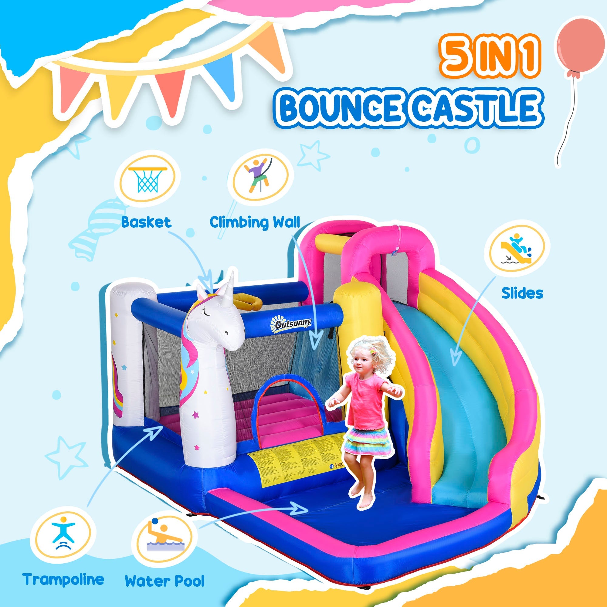 Outsunny 5 in 1 Bouncy Castle, with Blower, for Ages 3-8 Years - Multicoloured