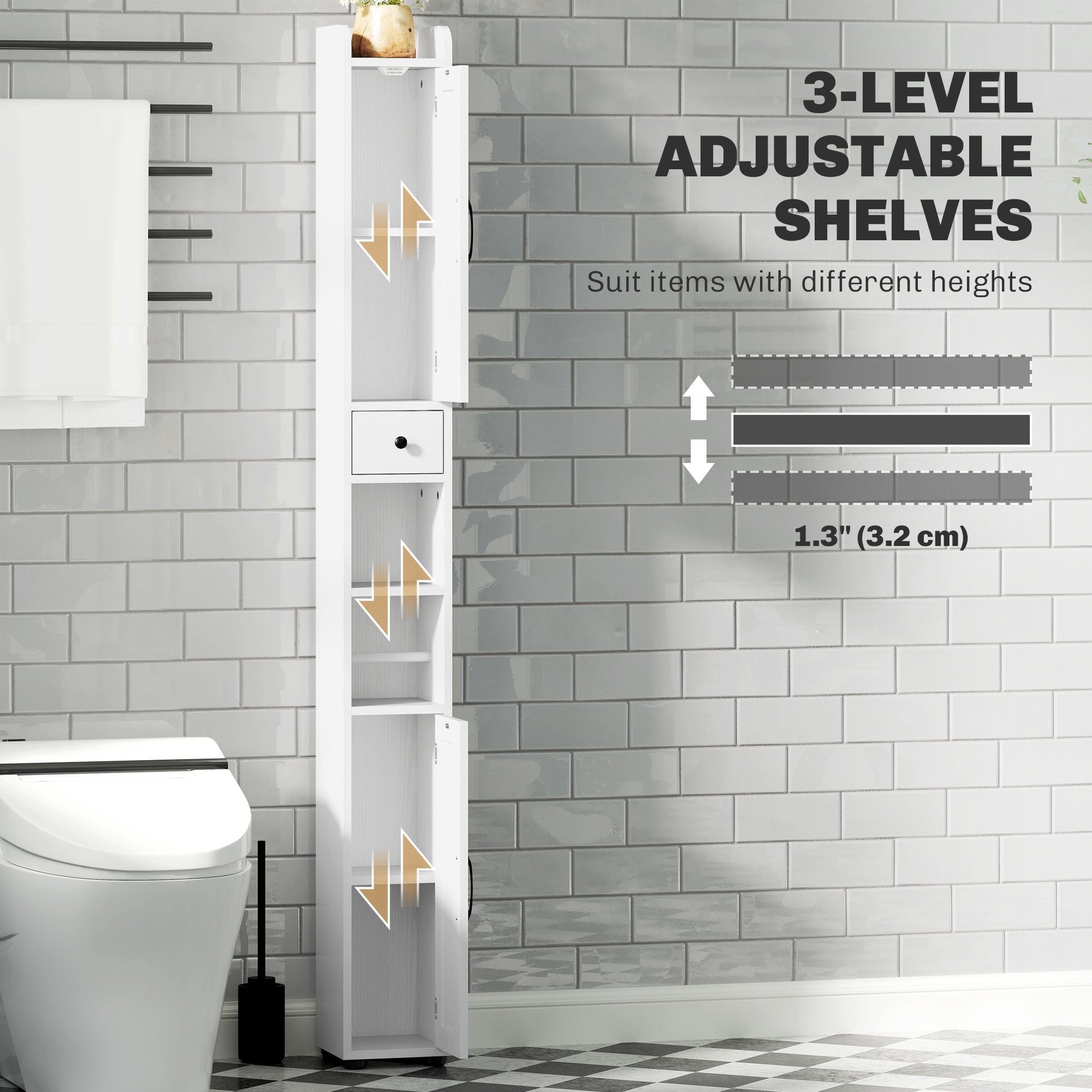 HOMCOM Tall Bathroom Cabinet, Farmhouse Slim Bathroom Storage Cabinet with Barn Doors, Toilet Paper Roll Holder, Drawer and Adjustable Shelves, Narrow Bathroom Storage Unit, 20 x 20 x 185cm, White