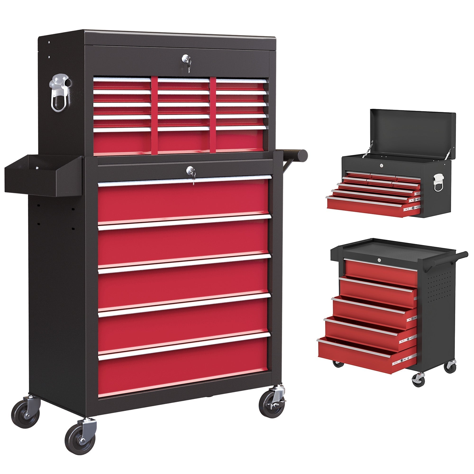 HOMCOM 14 Drawer, Two-Part Tool Storage Chest on Wheels - Red