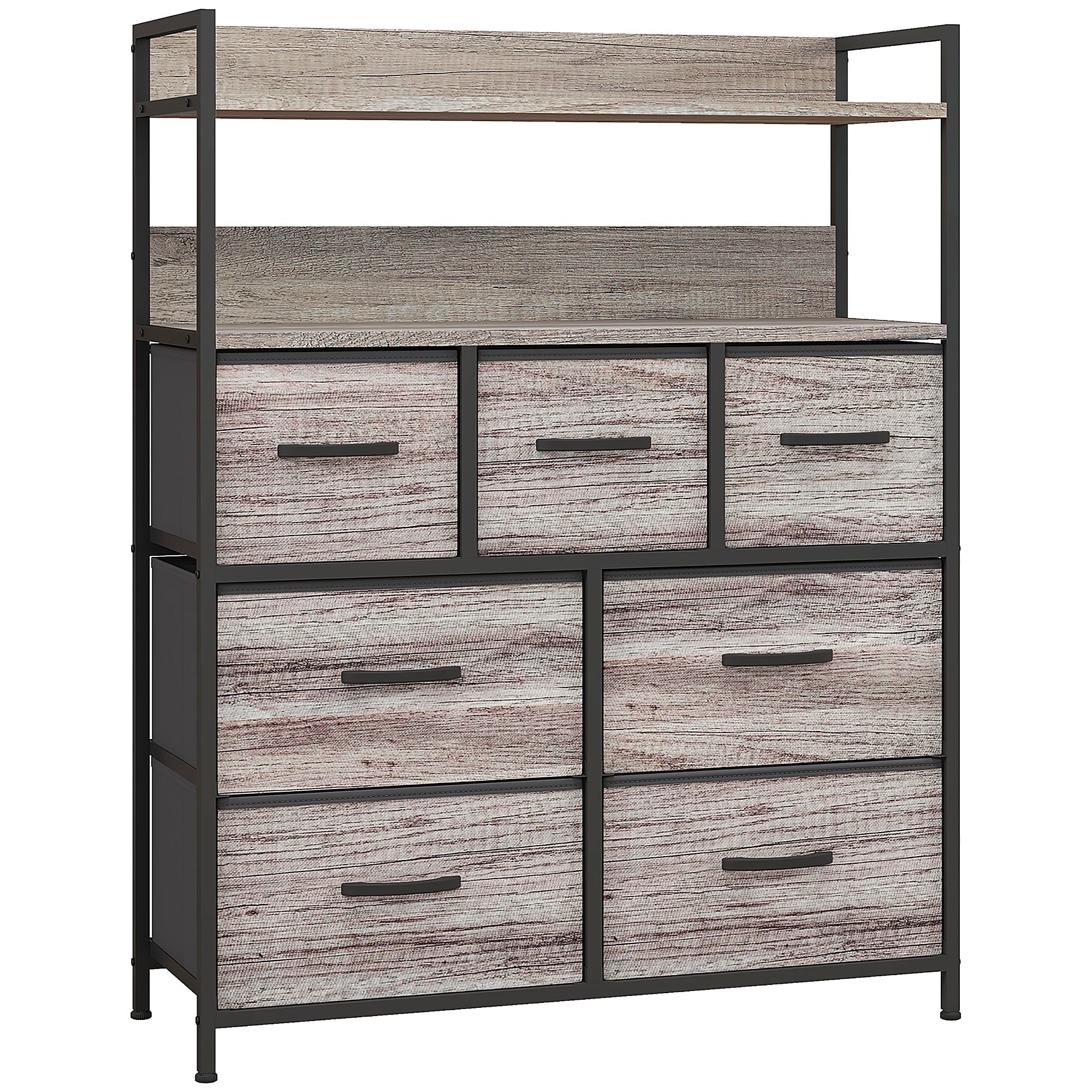 HOMCOM Rustic Chest of Seven Fabric Drawers - Grey Wood Effect