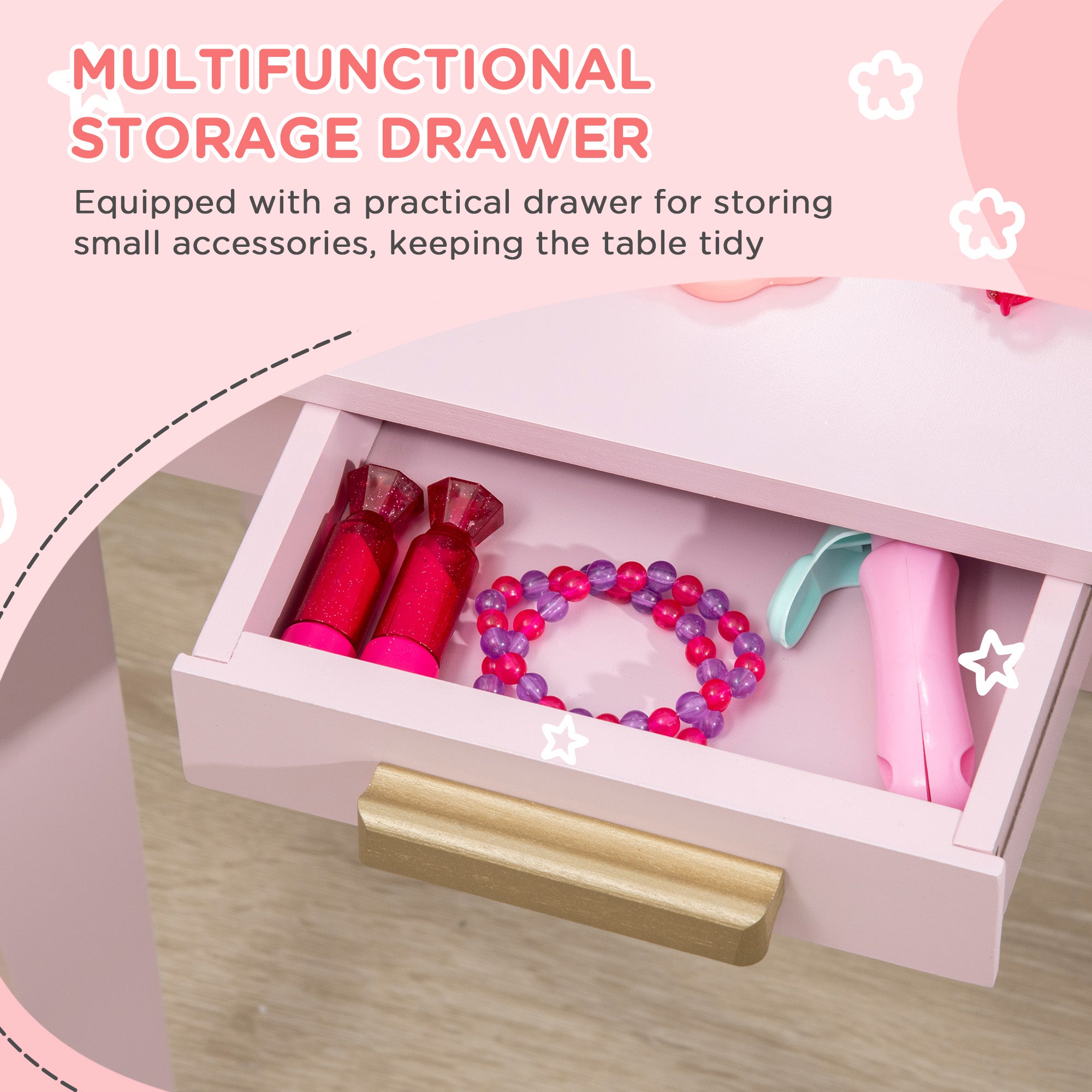 HOMCOM Kids Dressing Table Set, with Mirror and Drawer - Pink