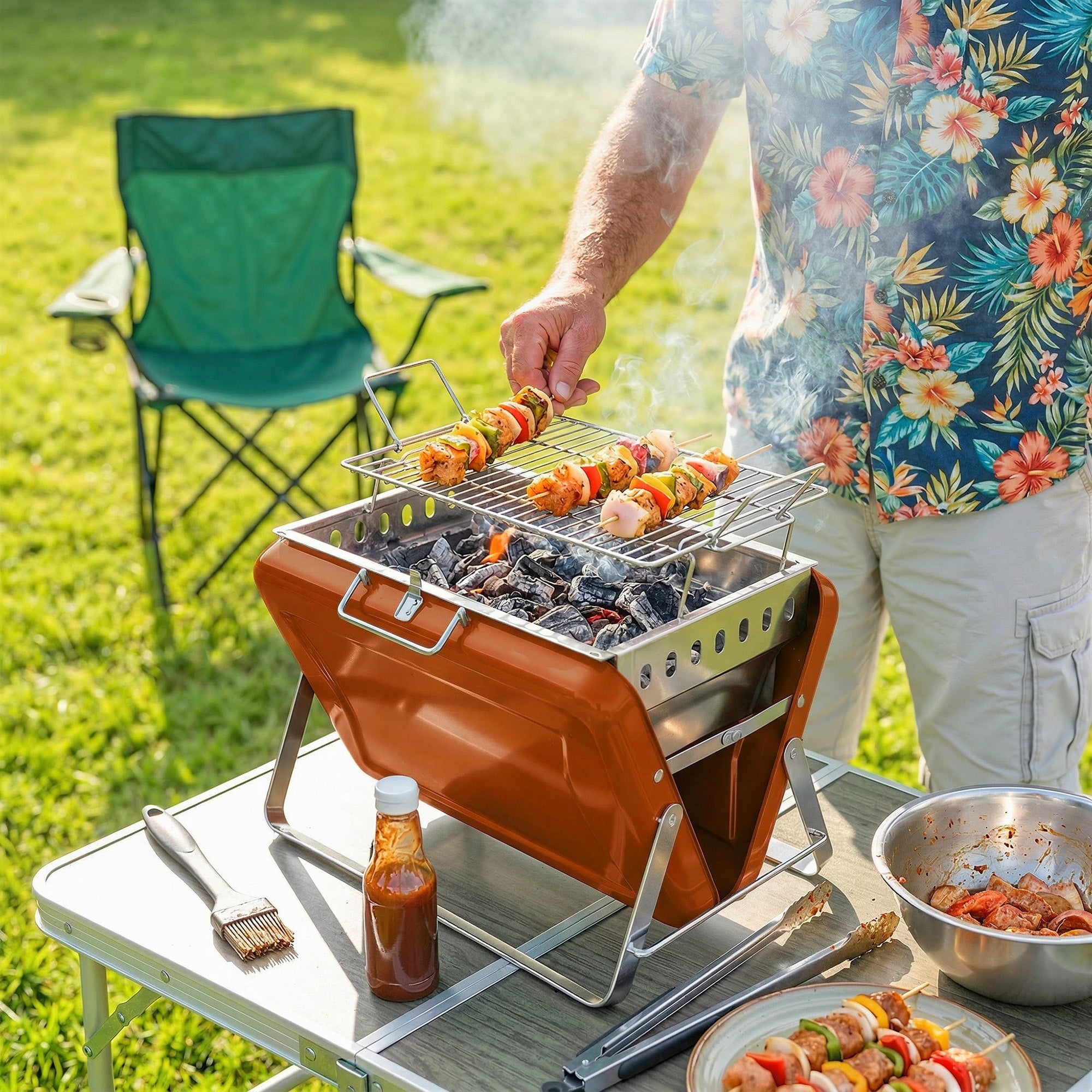 Outsunny Charcoal BBQ Grill Portable Stainless Steel Barbecue with Tilting Grate for Camping Picnic Garden Orange