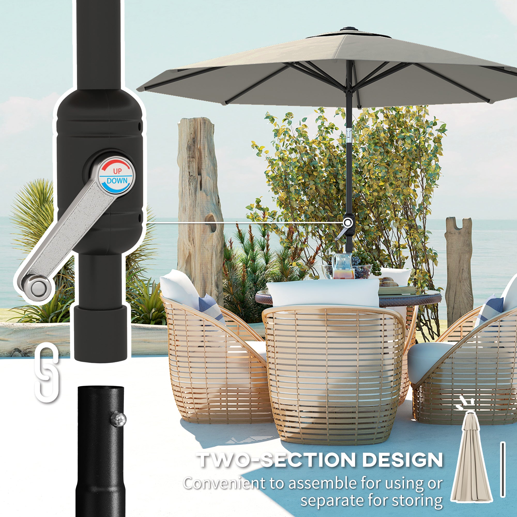Outsunny 2.6M Garden Parasol Umbrella with Tilt and Crank, Outdoor Sun Parasol Sunshade Shelter with Aluminium Frame, Light Grey