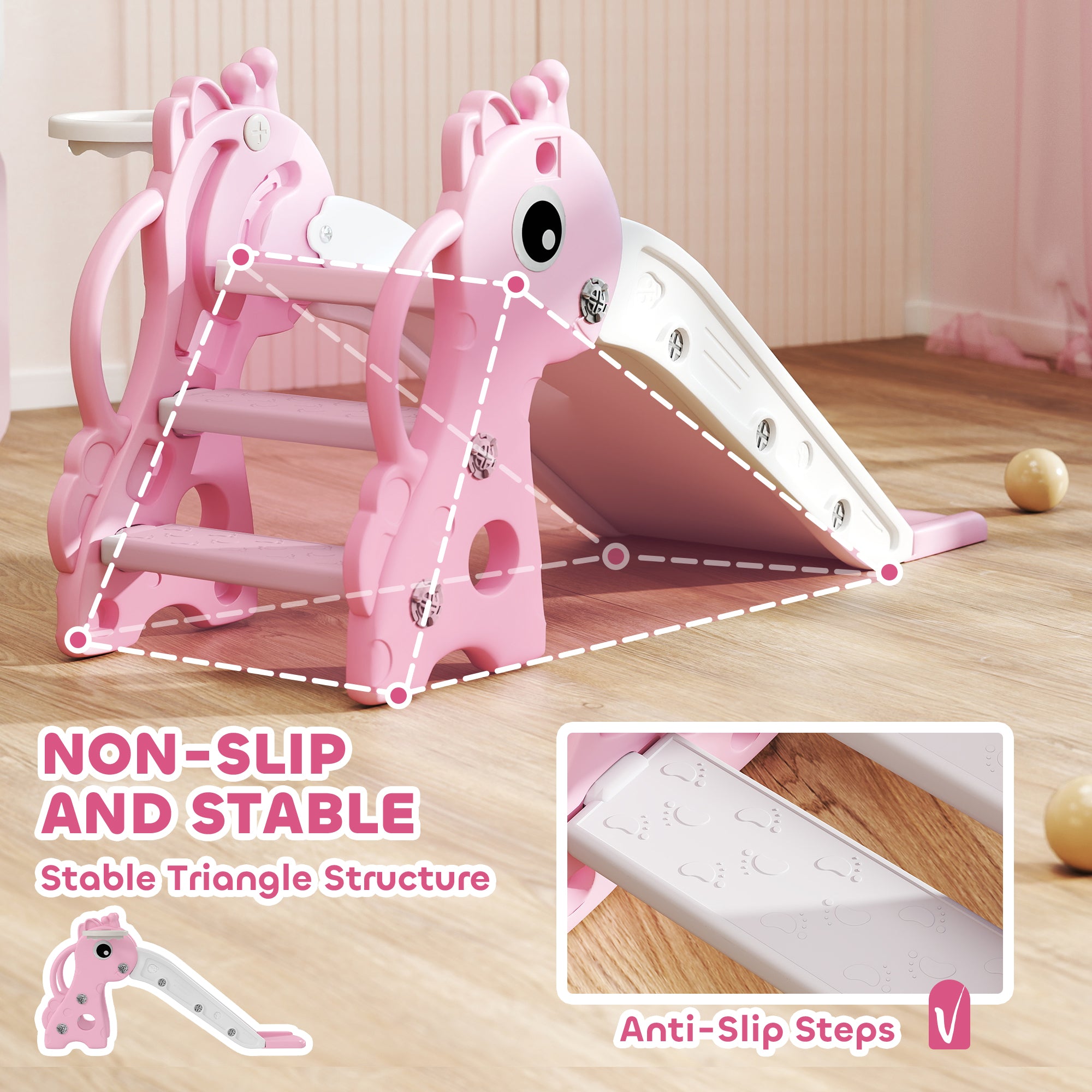 AIYAPLAY 3 in 1 Kids Slide with Climber, Basketball Hoop and Ball, Giraffe Shape Climber Slide for Indoor Kids Age 1-3, Pink