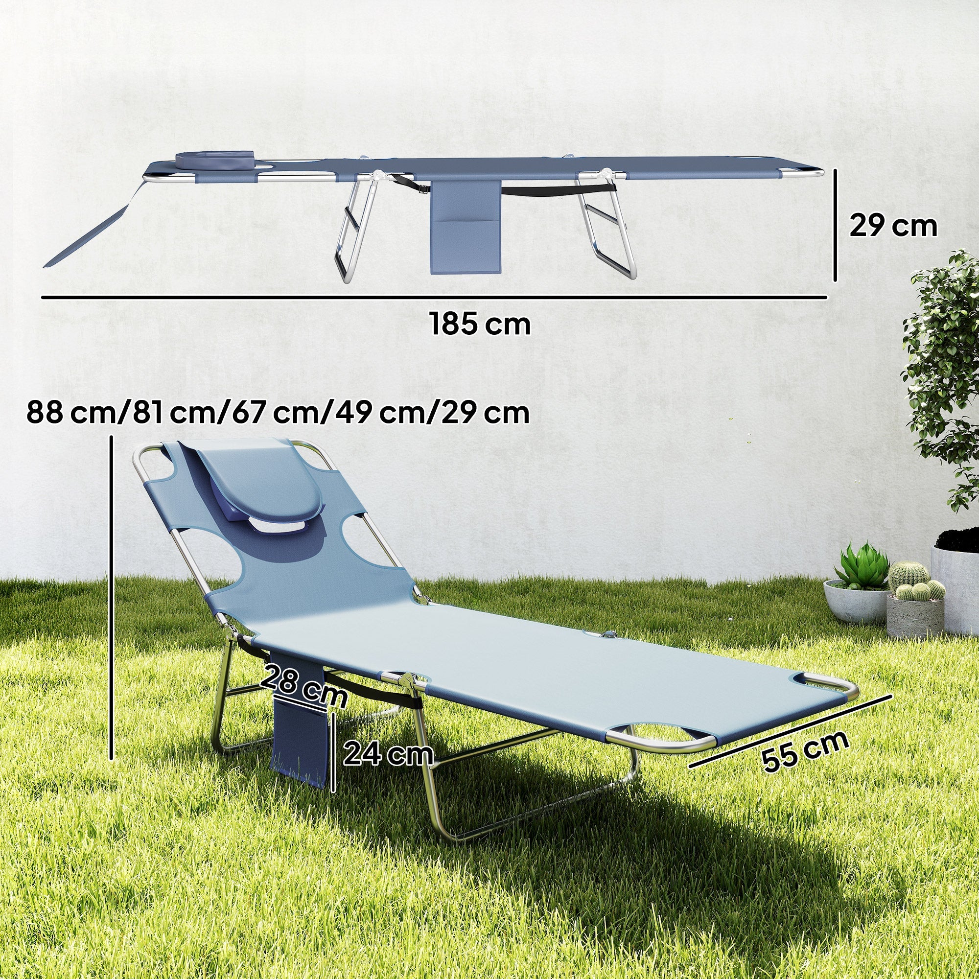 Outsunny 5-Position Adjustable Sun Loungers Set of 2 with Reading Hole and Side Pocket, Grey