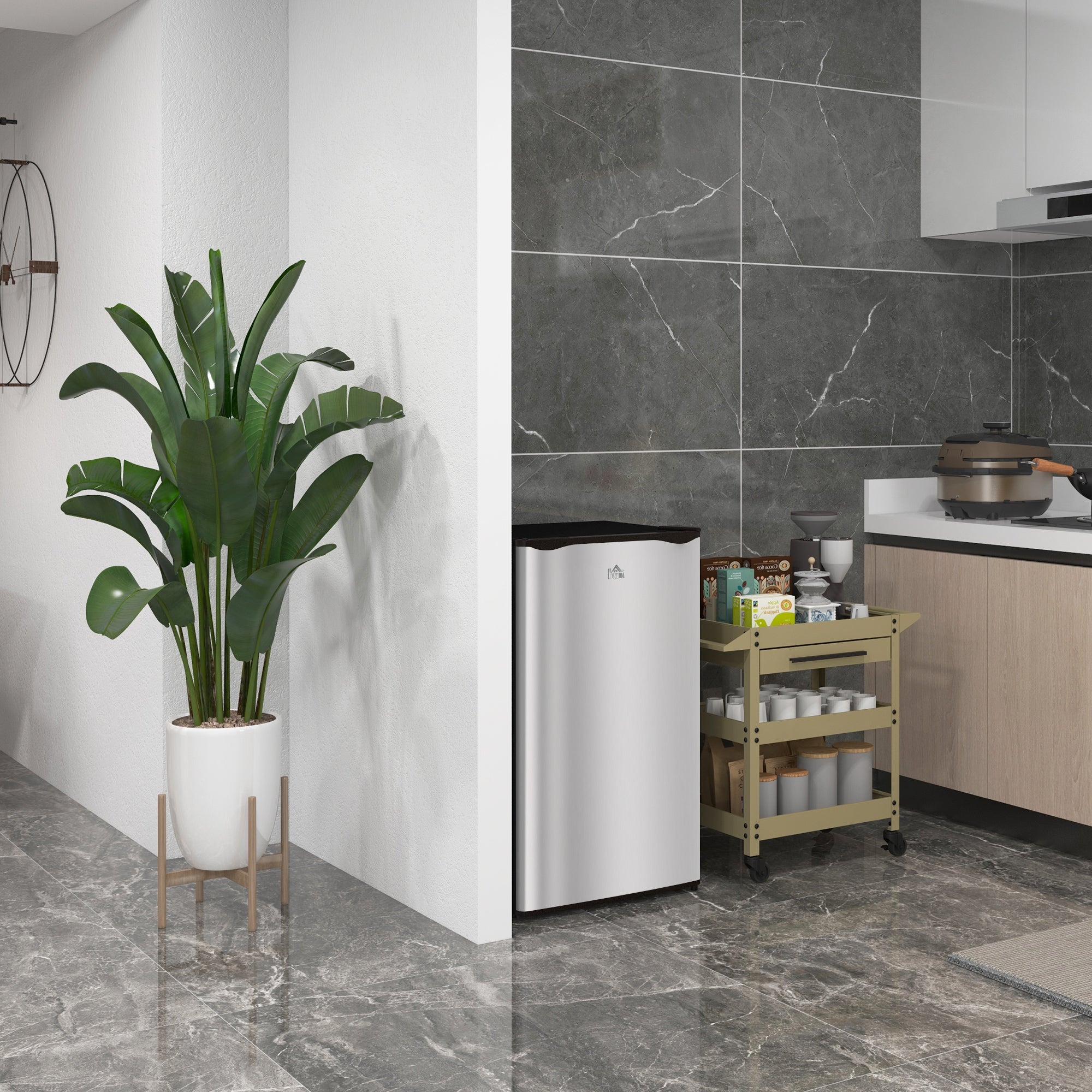 HOMCOM 91 Litre Freestanding Under Counter Fridge Freezer, Small Fridge with Chiller Box, Adjustable Thermostat, 47.5cm Wide, Silver Tone