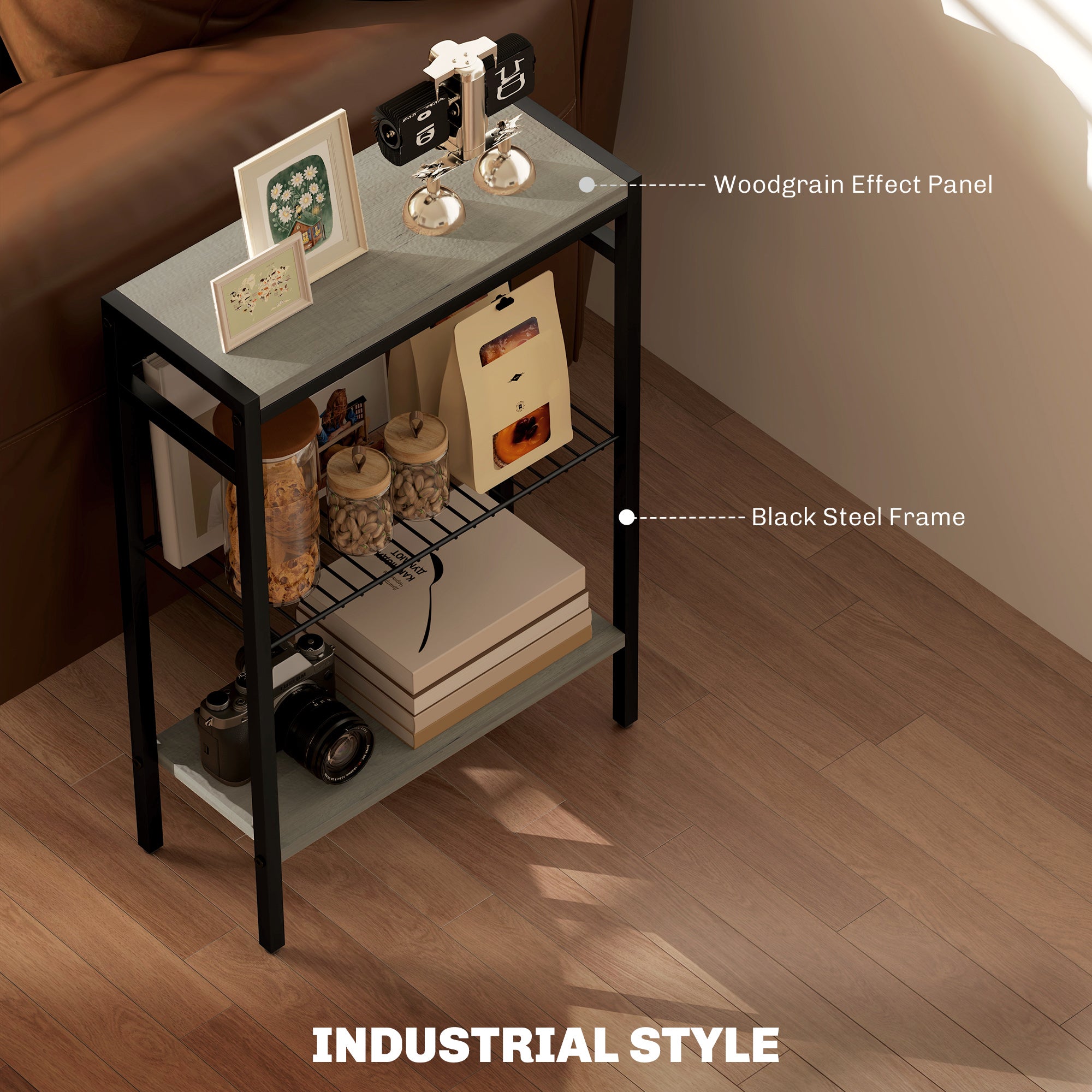 HOMCOM Three Shelf Industrial Side Table, Grey