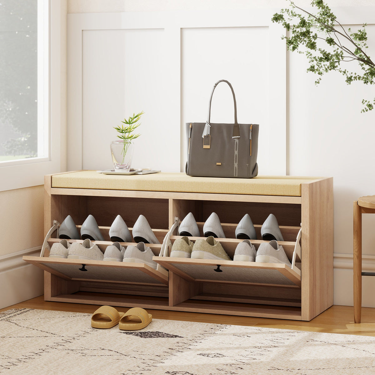 HOMCOM Rattan Shoe Bench with Padded Cushion and 2 Cabinets for Hidden Storage, Oak Wood Effect