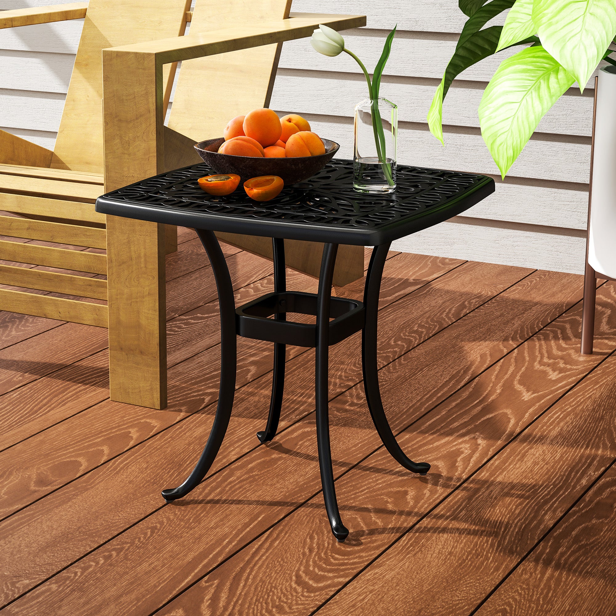 Outsunny Outdoor Garden Table with 38mm Dia. Umbrella Hole, Cast Aluminium Patio End Table with Anti-slip Foot Pads for Garden, Patio, Balcony, 54 x 52.5cm, Black