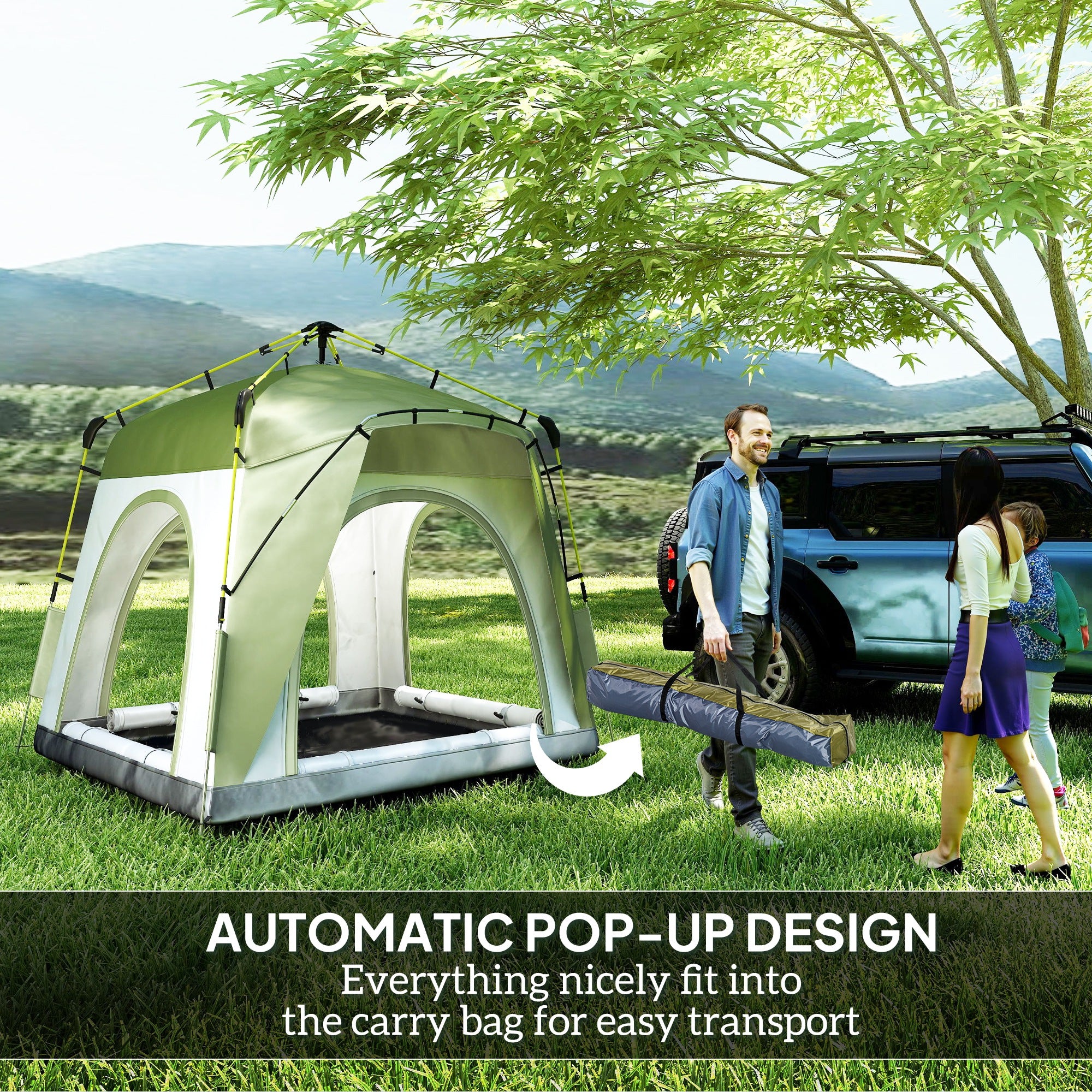 Outsunny Instant Pop Up Camping Tent, 4 Man Dome Tent with 4 Doors, Sewn-in Groundsheet, Carry Bag and Top Hook for Fishing Hiking Festival, Green