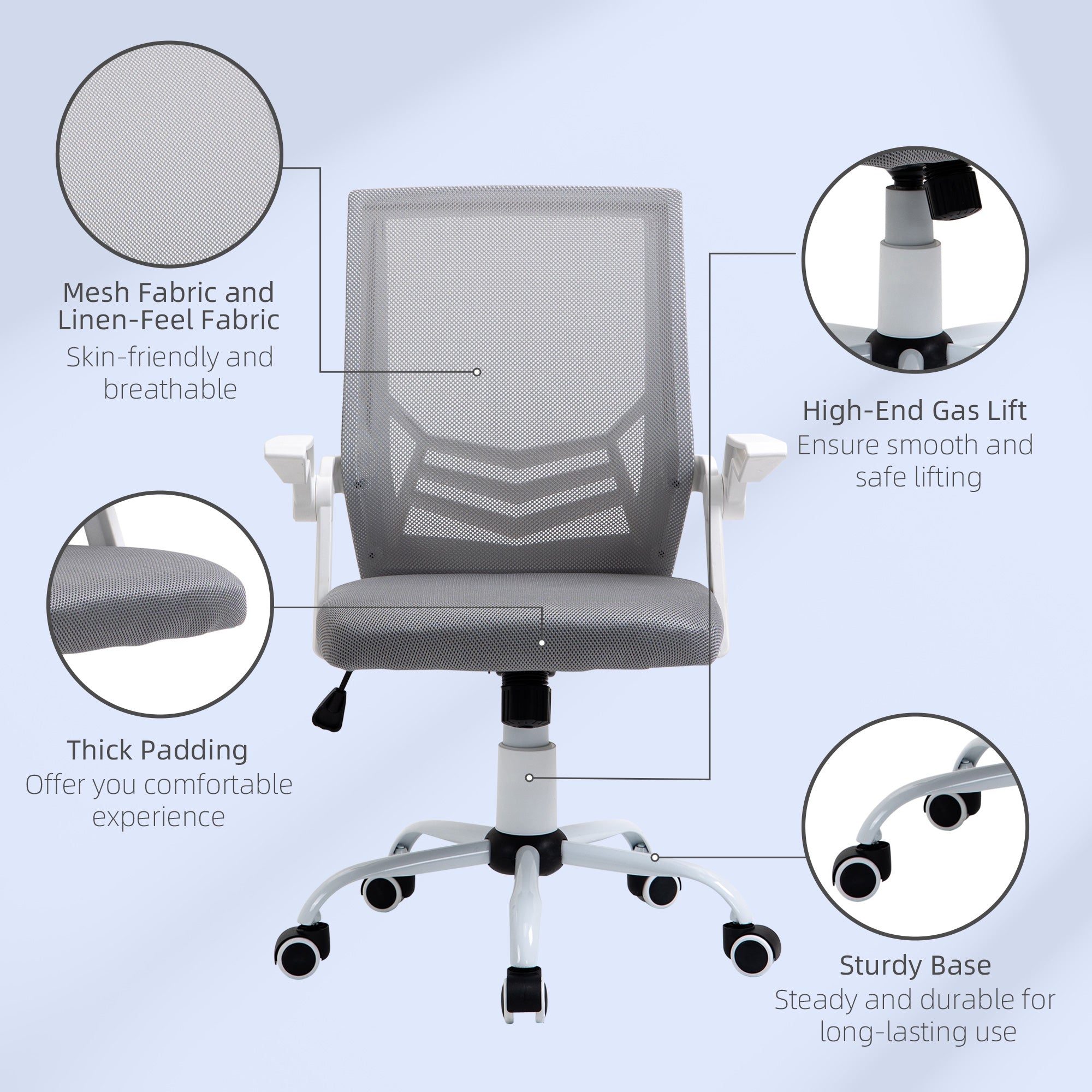 Vinsetto Home Office Chair and Computer Desk Set, Mesh Chair with with 90√Ç¬∞ Flip-up Armrest, Study Desk with Keyboard Tray and Drawer, White and Grey