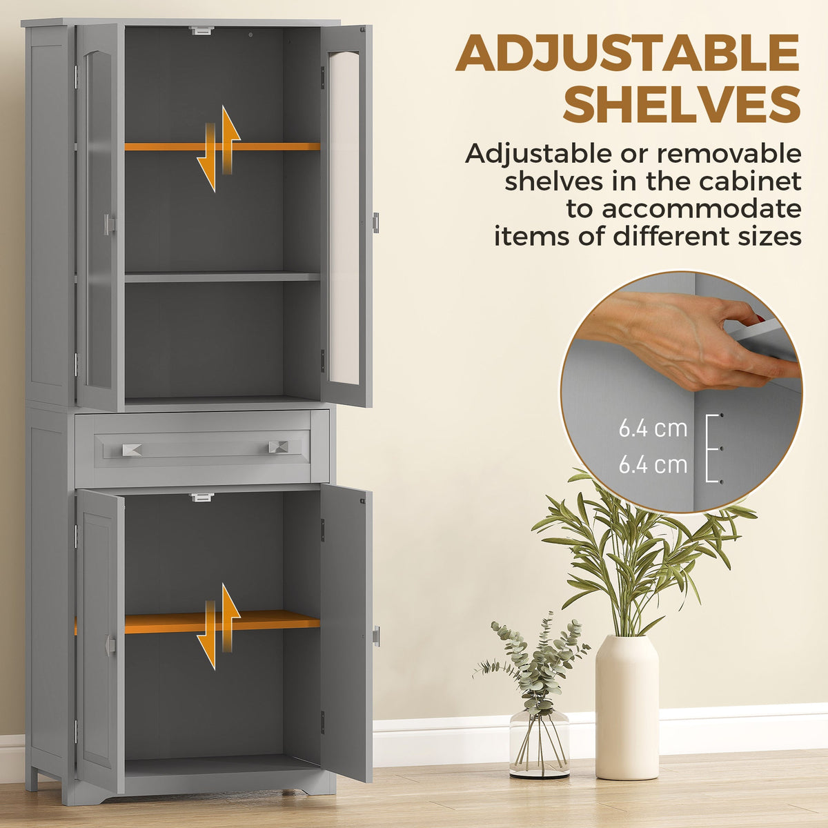 HOMCOM Freestanding Kitchen Cupboard, Storage Cabinet with 2 Adjustable Shelves, Drawer and Glass Door for Living Room, Grey