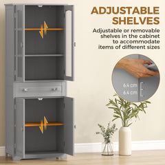 HOMCOM Freestanding Kitchen Cupboard, Storage Cabinet with 2 Adjustable Shelves, Drawer and Glass Door for Living Room, Grey