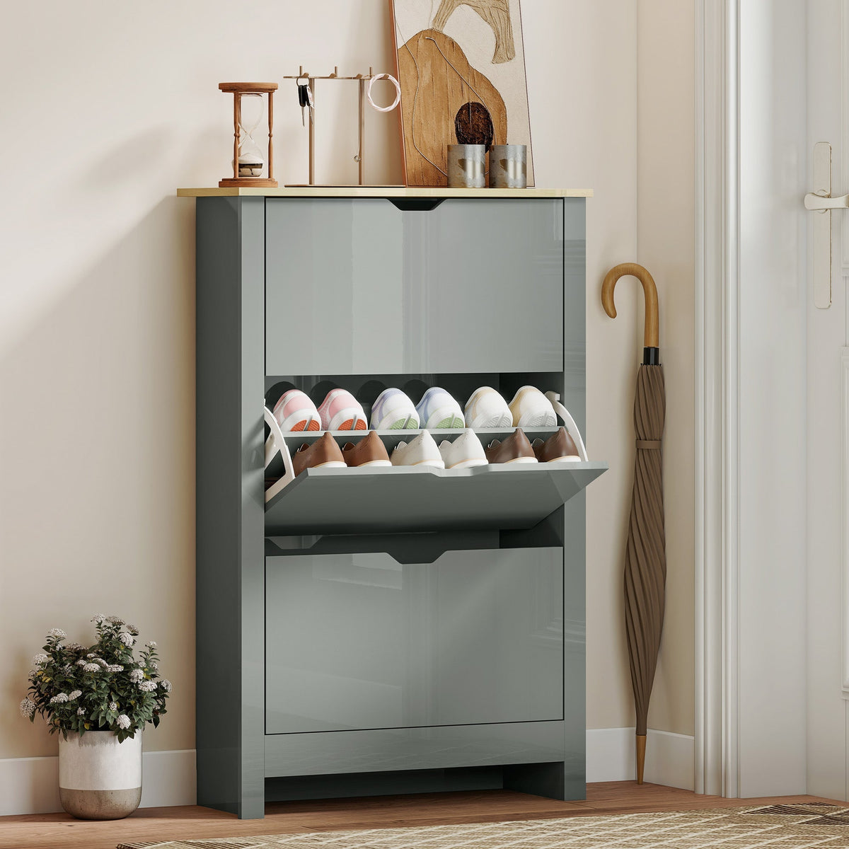 HOMCOM Slim Shoe Cabinet, Narrow Shoe Cupboard with 3 Flip Drawers, Adjustable Shelves for 18 Pairs of Shoes, Light Grey