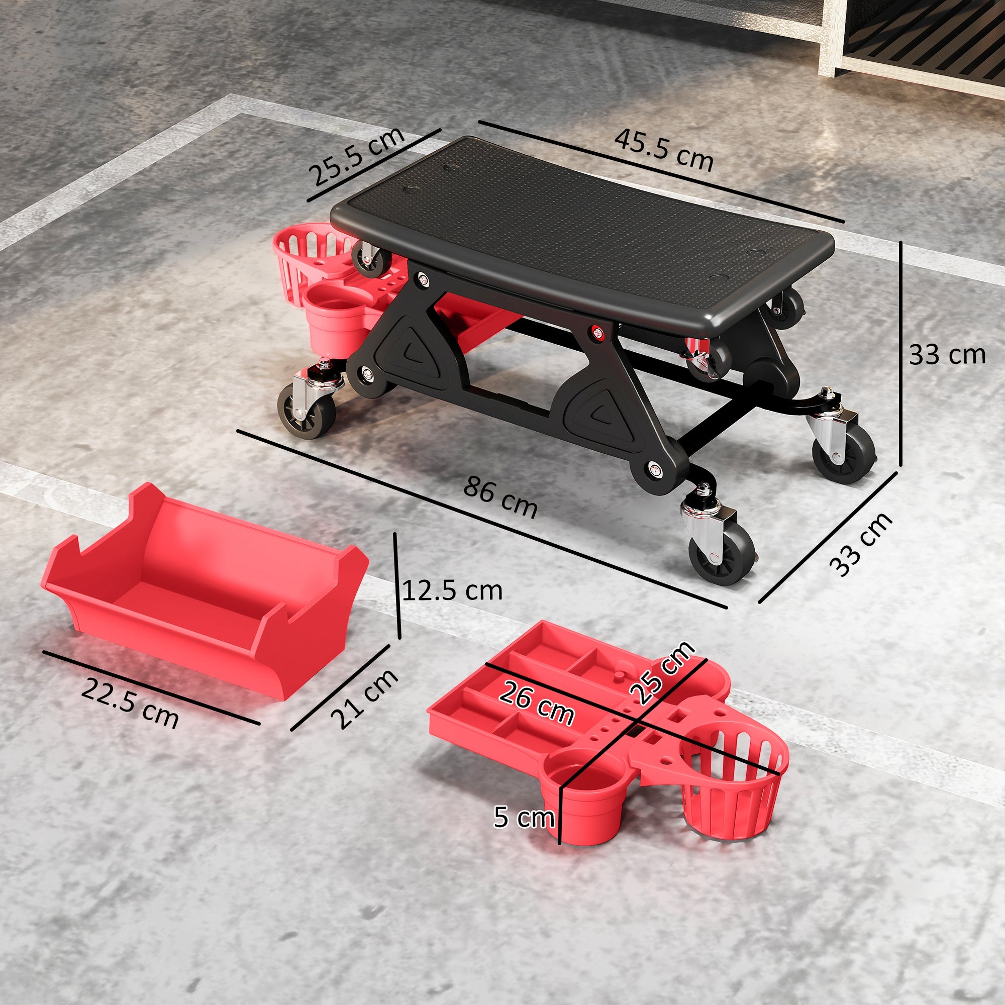 HOMCOM Rolling Mechanic Stool, 135kg Capacity Workshop Stool with 360√Ç¬∞ Swivel Wheels, Roller Creeper Seat with Slide Out Tool Trays, Drawer, Bottle Holders for Garage, Shop, Auto Repair, Red