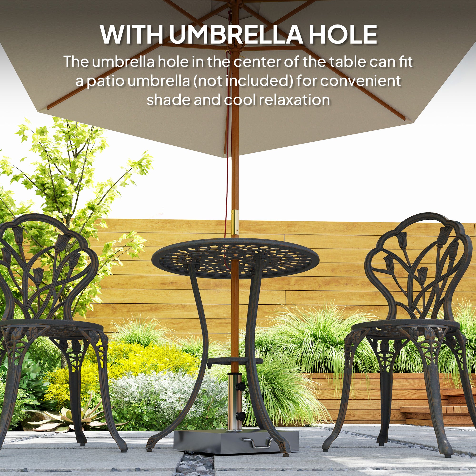 Outsunny 3 Piece Patio Bistro Set for 2, Outdoor Aluminium Garden Table and Chairs with Umbrella Hole for Balcony, Bronze Tone