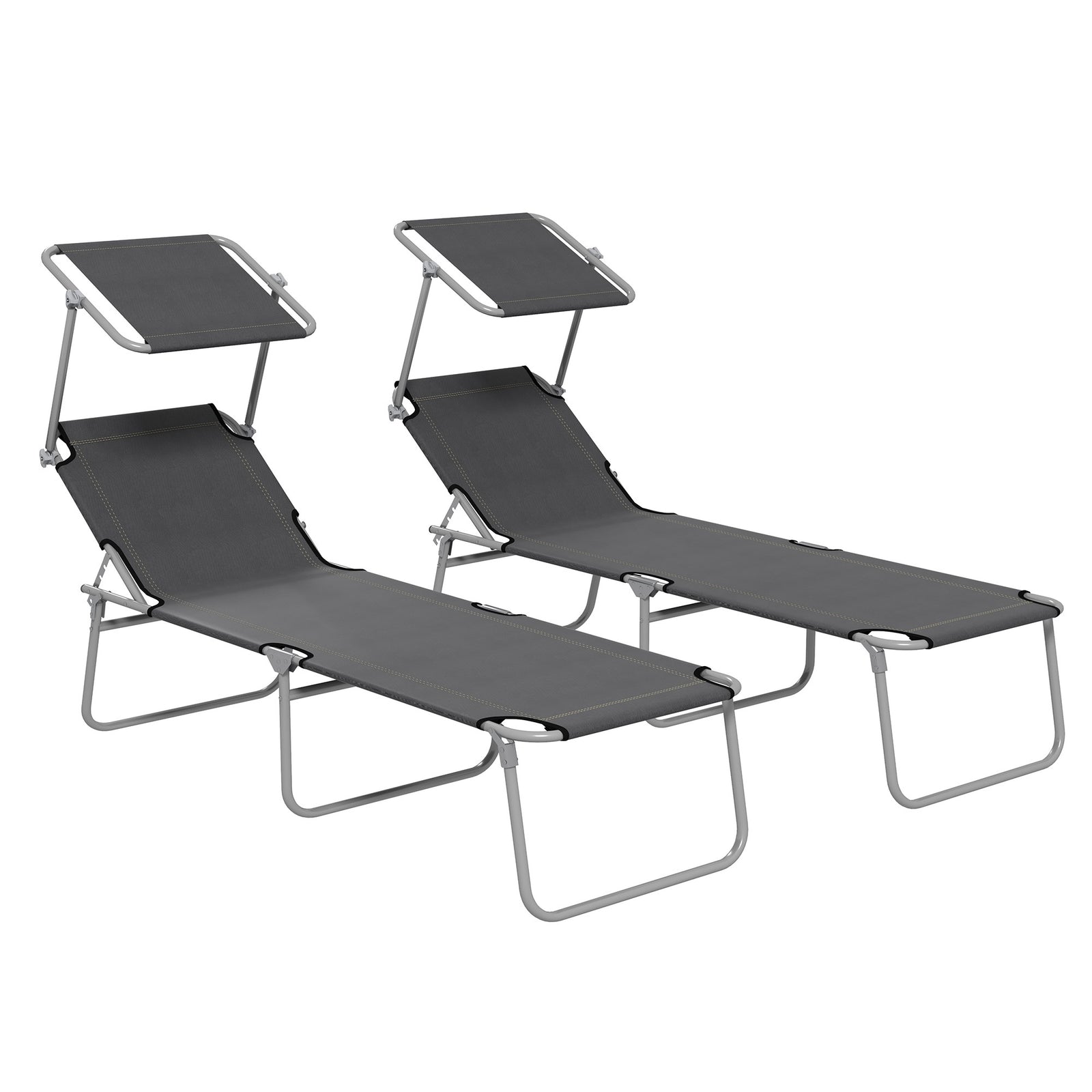 Outsunny Folding Sun Lounger Set of 2 with Canopy, Reclining Sunbed with 4-Position Adjustable Backrest, 600D Oxford Cloth, Portable Garden Lounger Recliner Chair for Beach, Camping, Patio, Grey