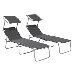 Outsunny Folding Sun Lounger Set of 2 with Canopy, Reclining Sunbed with 4-Position Adjustable Backrest, 600D Oxford Cloth, Portable Garden Lounger Recliner Chair for Beach, Camping, Patio, Grey