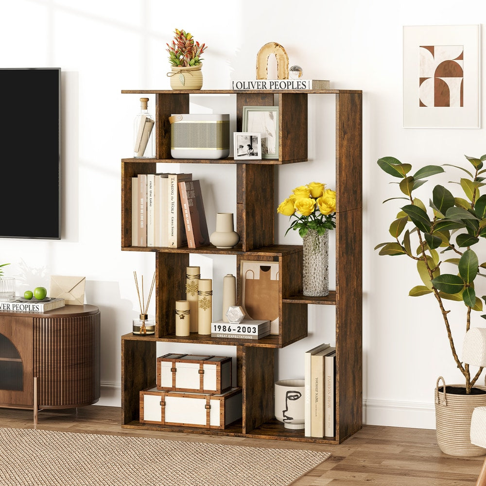 The open-back bookcase filled with books, vases, and decorative items in a living room