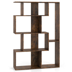 A tall, open-back geometric bookcase with a dark wood finish