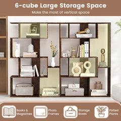 The geometric bookcase with highlighted sections for books, photo frames, and storage boxes