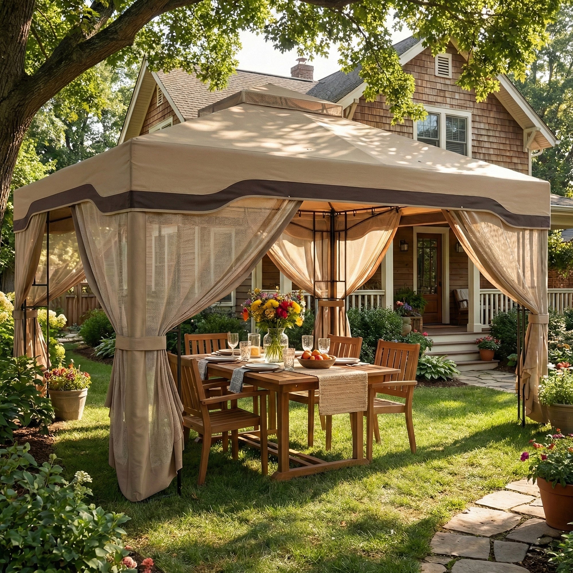 Outsunny 3 x 3.6 m Outdoor Garden Gazebo with Post Shelves, UPF50+ Patio Permanent Pavilion with Hook, Khaki