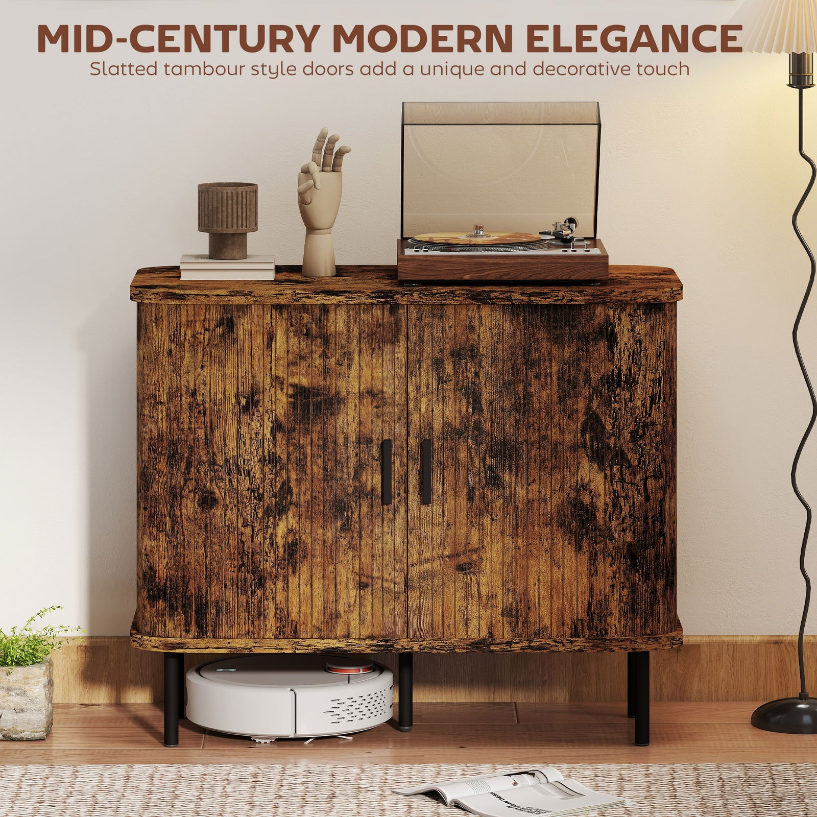 HOMCOM Mid-Century Sideboard Cabinet, Nightstand, Accent Console with Tambour Doors, Rustic Brown