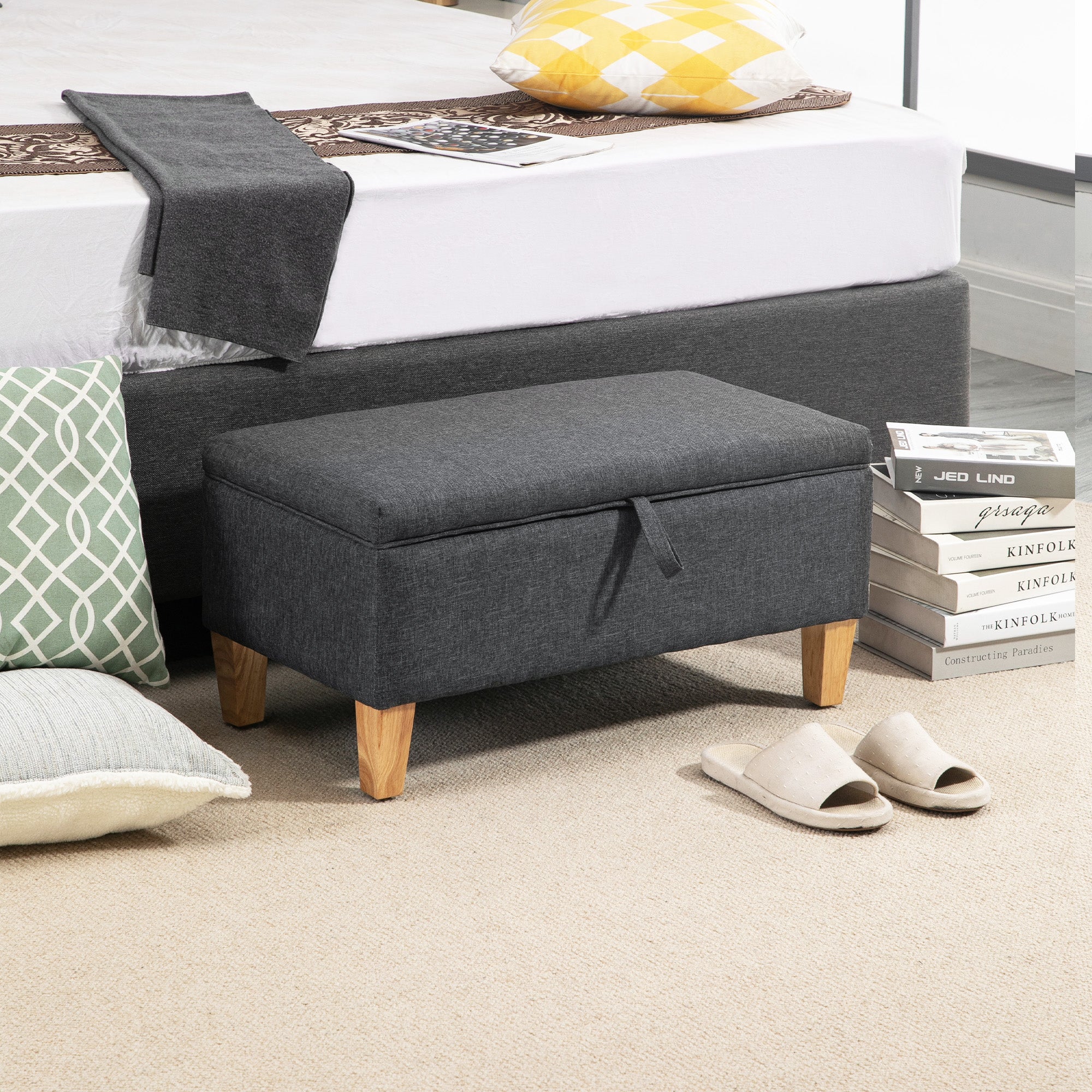 HOMCOM 30L Linen Storage Ottoman Padded Footstool with Rubberwood Legs for Storage Box, Bed End, Shoe Bench, Seating, Dark Grey