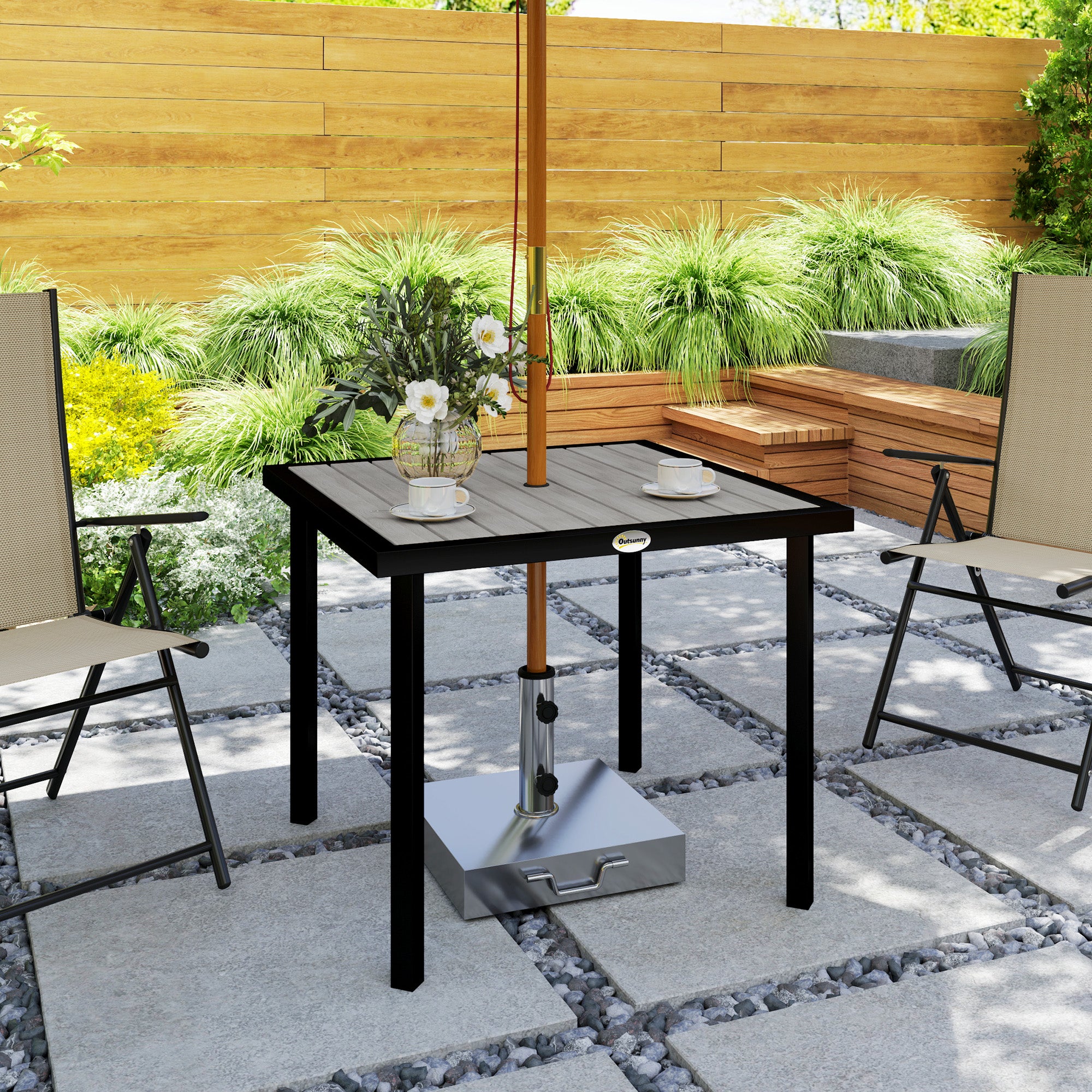 Outsunny Square Garden Dining Table with 5.4cm Parasol Hole, Slatted Top, Metal Frame, 86 x 86 x 71 cm, Light Grey