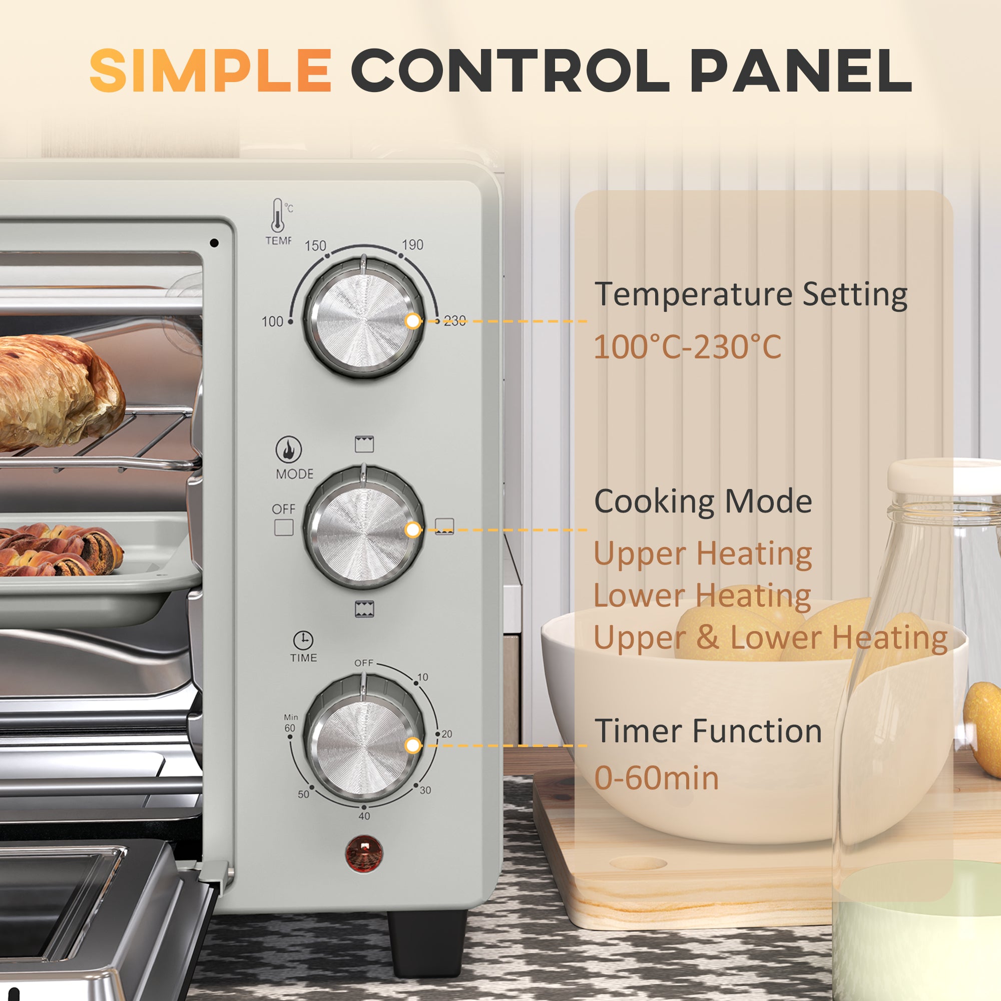 HOMCOM 21L Mini Countertop Oven, 100√Ç¬∞C-230√Ç¬∞C Adjustable Temp - Silver Tone