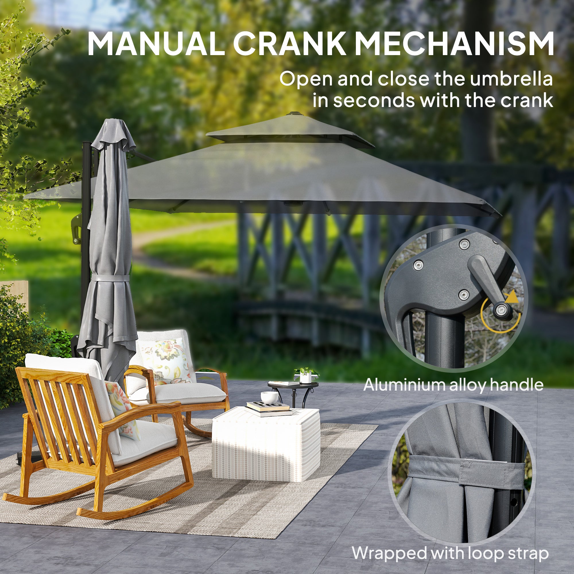Outsunny 3 x 3(m) Cantilever Parasol with Aluminium Frame, Crank and Tilt, 360-Degree Rotation, Double Top Garden Umbrella with Cover (Only Cross Base), Light Grey