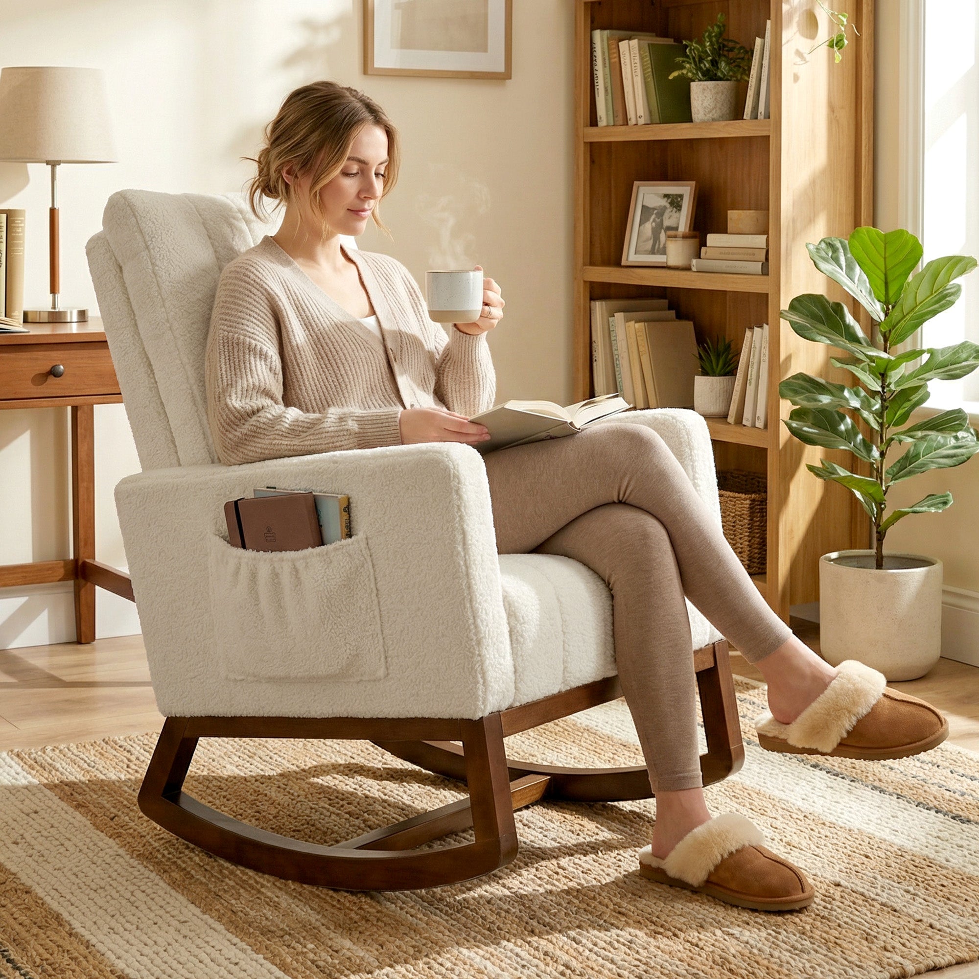 HOMCOM Rocking Chair for Adults, Lounge Rocker Chair with Lumbar Pillow, High Back, Wood Base, Side Pockets, Cream White