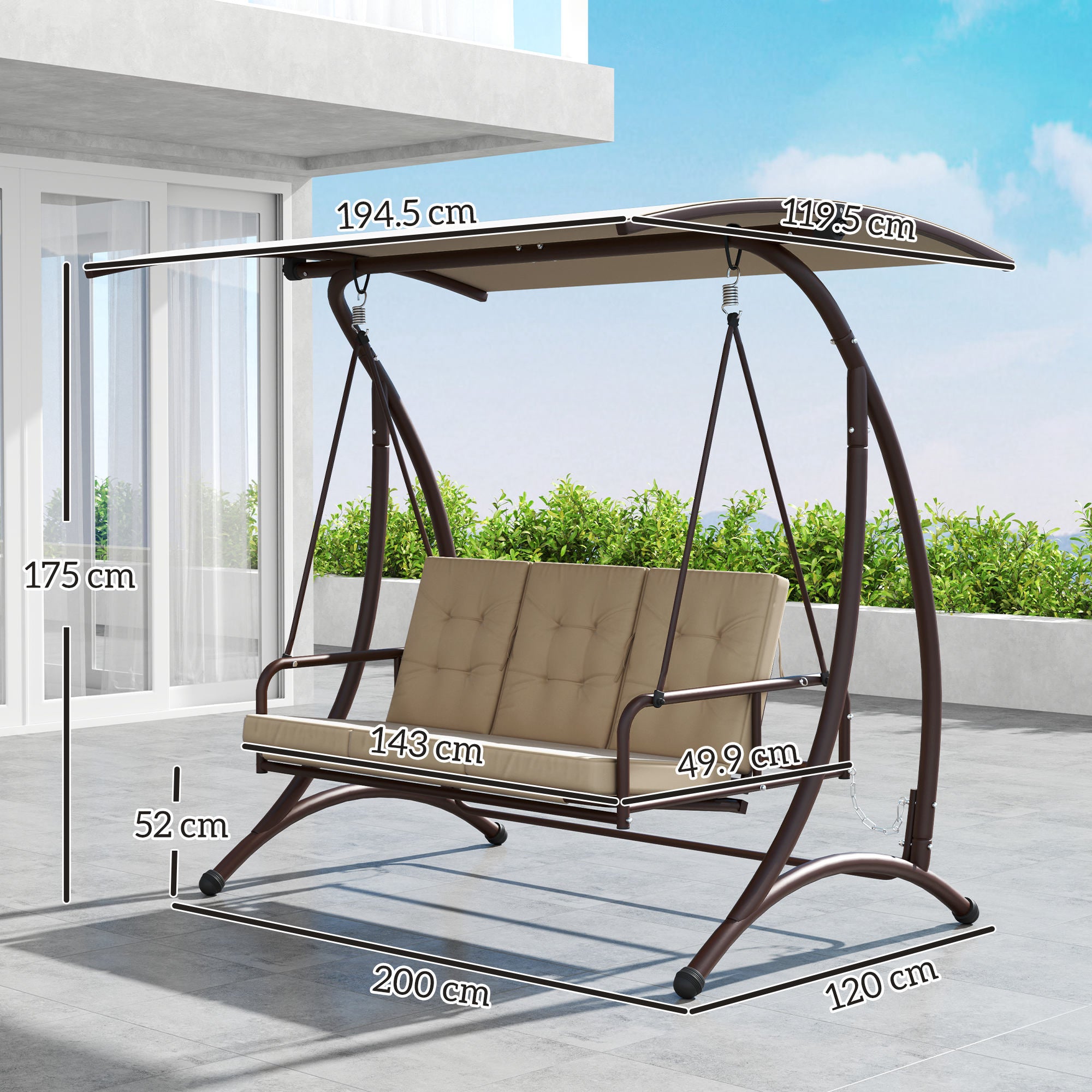 Outsunny Convertible Three-Seater Swing Bed - Khaki