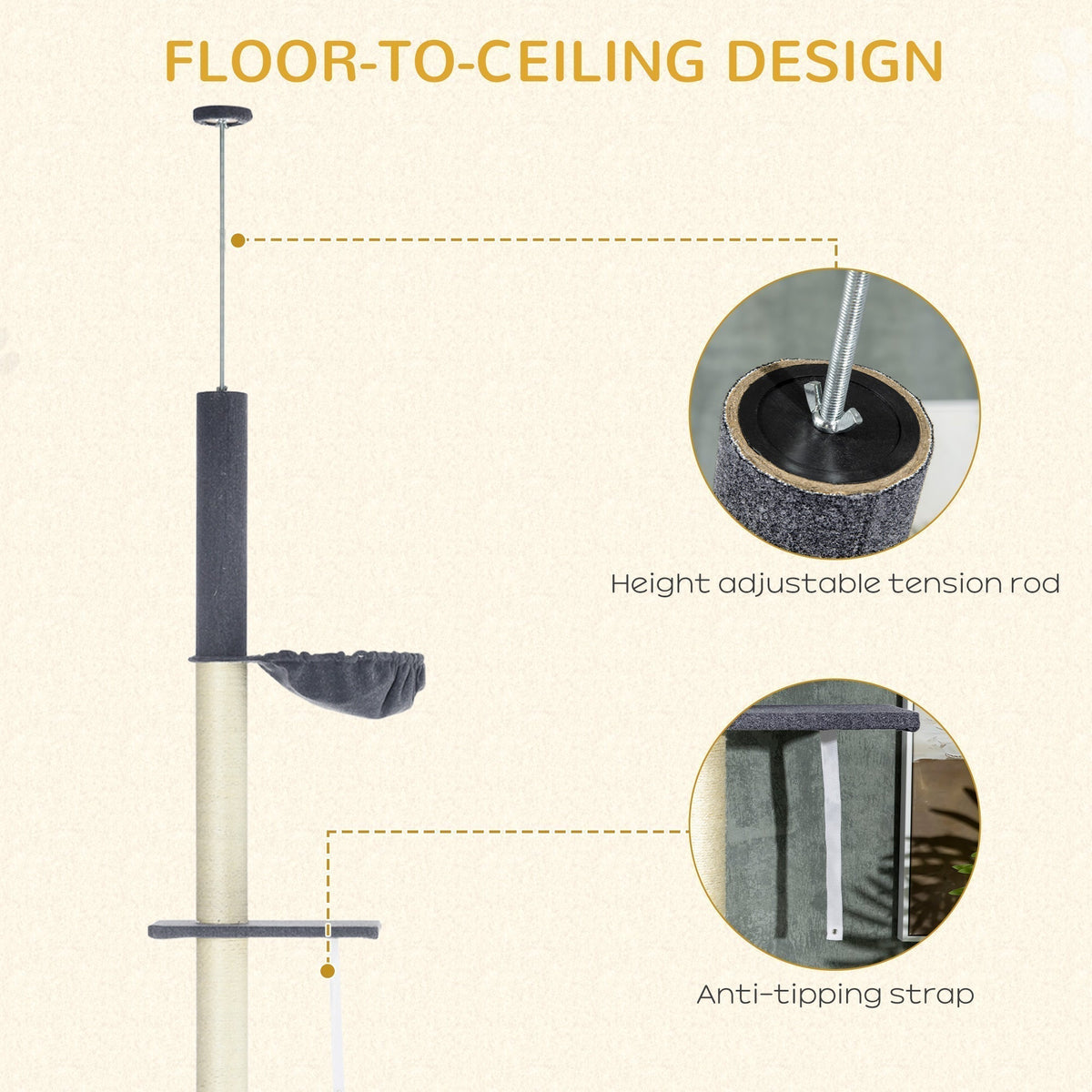 PawHut 240-270cm Floor-To-Ceiling Cat Tree, 5 Tier Cat Climbing Tower, with Bed, Hammock, Platforms, Dark Grey and Cream