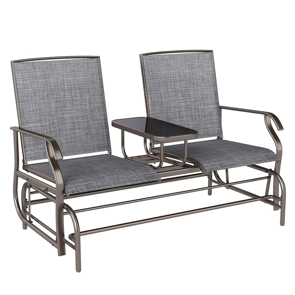 Outsunny 2 Seats Garden Glider Bench, Metal Frame Loveseat with Glass Top Centre Table, Porch Rocking Glider for 2 Person, for Deck, Patio, Brown/ Grey