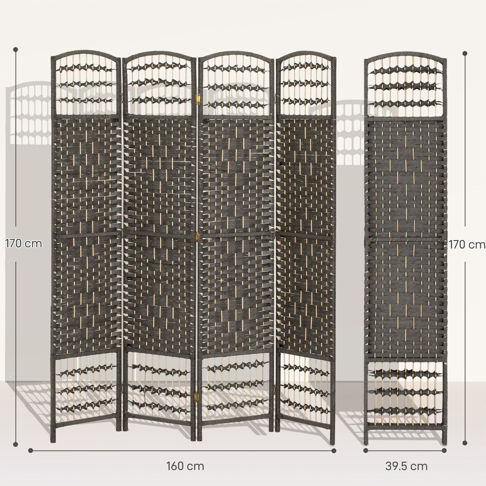 HOMCOM 4 Panel Folding Privacy Screen, Room Divider with Pine Wood Frame for Living Room and Office, Dark Grey