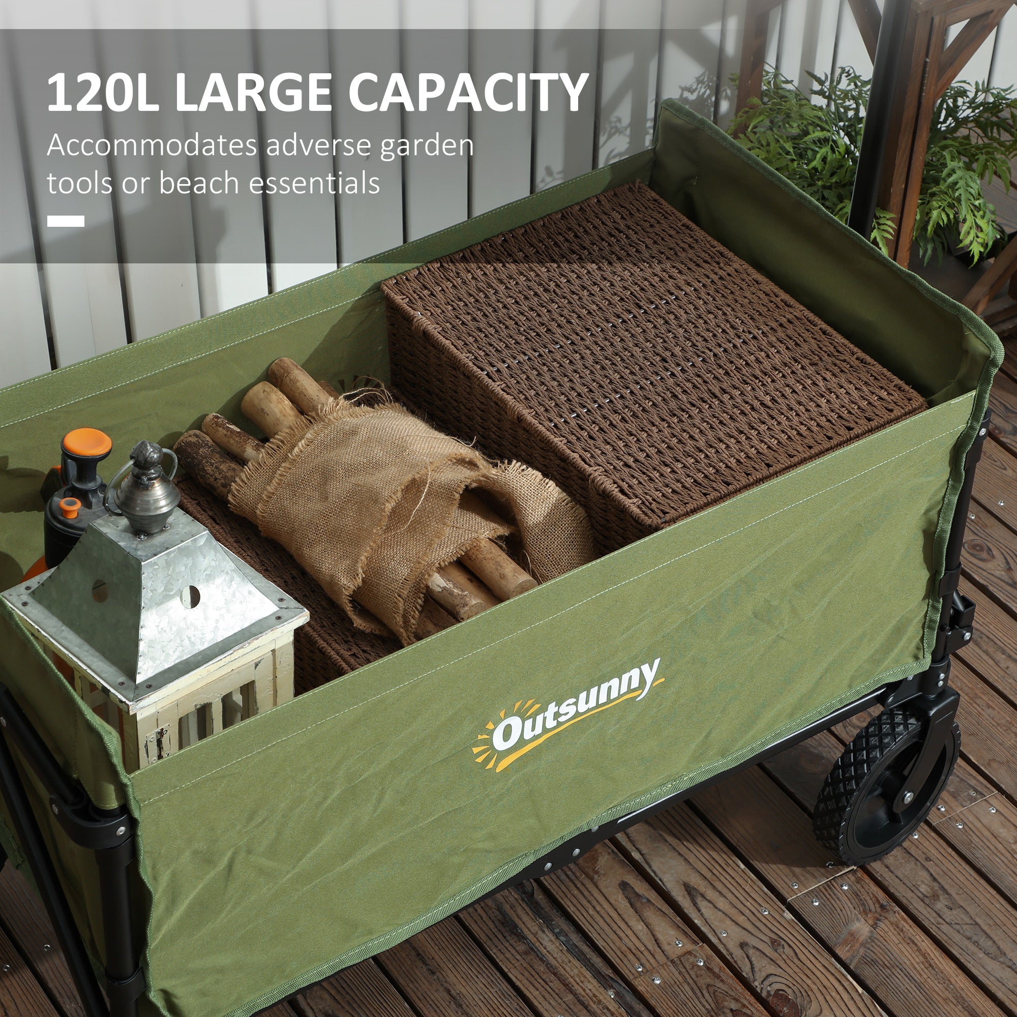 Outsunny 120L Festival Trolley on Wheels, Folding & Compact Camping Trolley Cart with Adjustable Handle for Garden, Beach, Fishing, Green