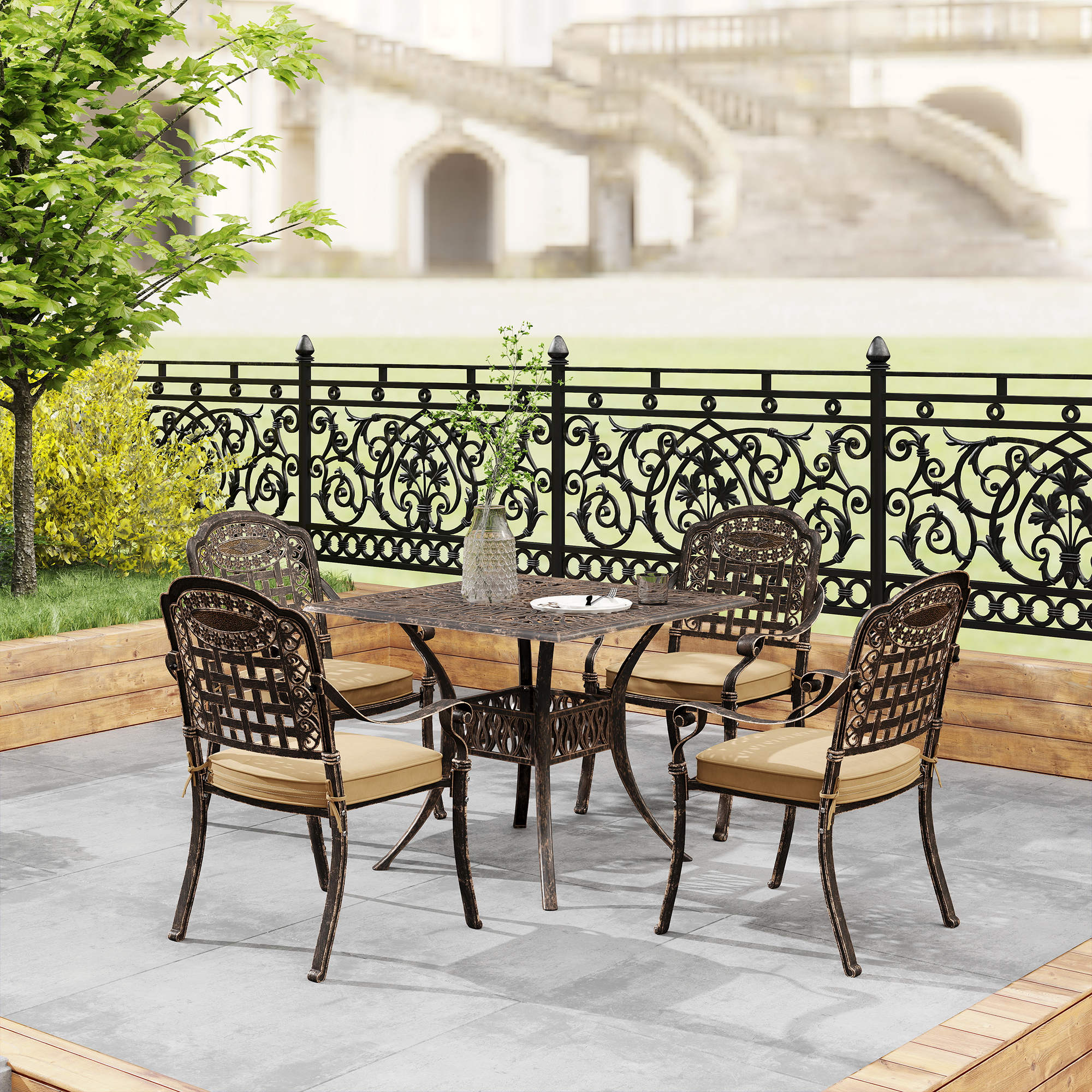 Outsunny Five-Piece Cast Aluminium Garden Dining Set - Bronze Tone