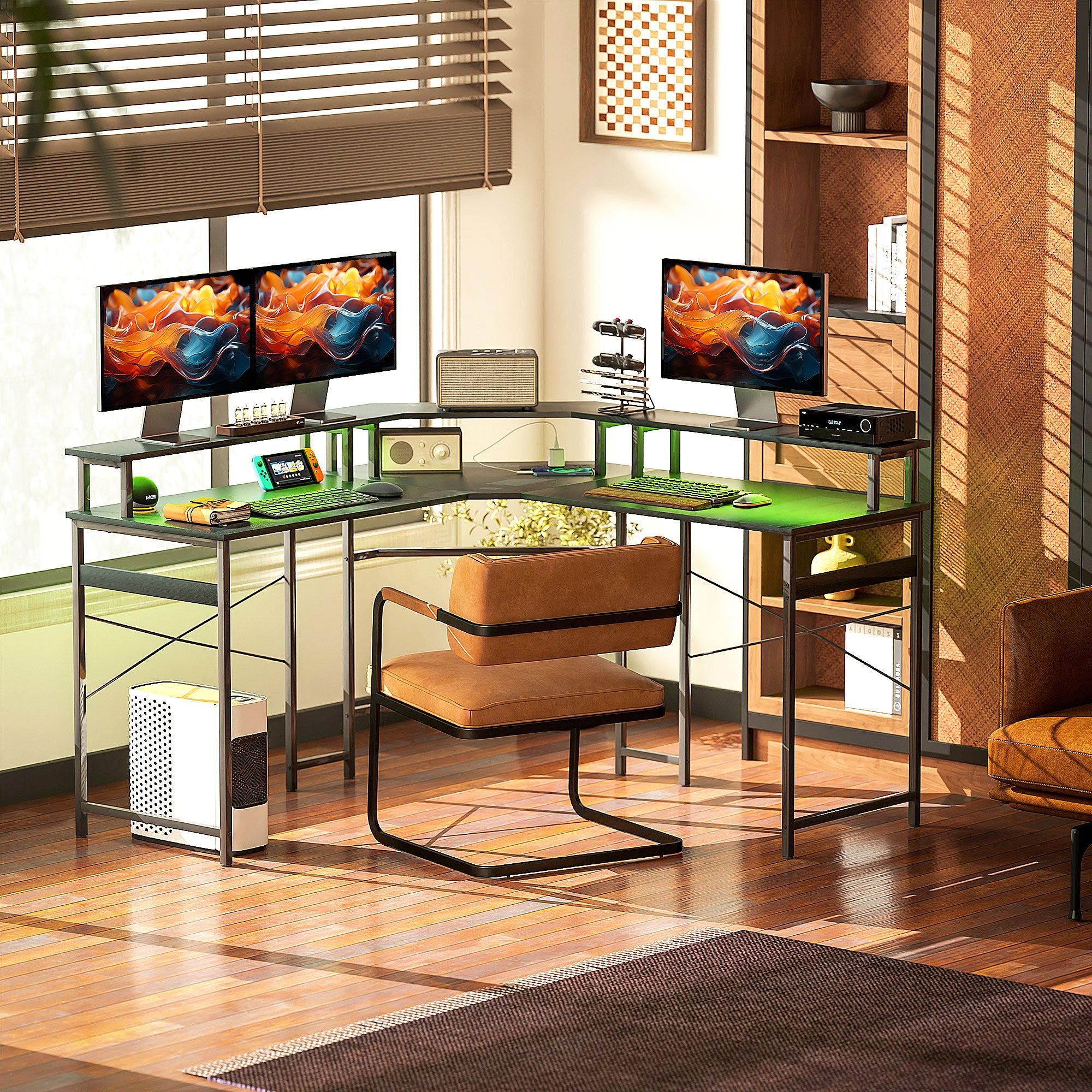 HOMCOM 'L' Shaped Work Desk, with LED Lights - Black