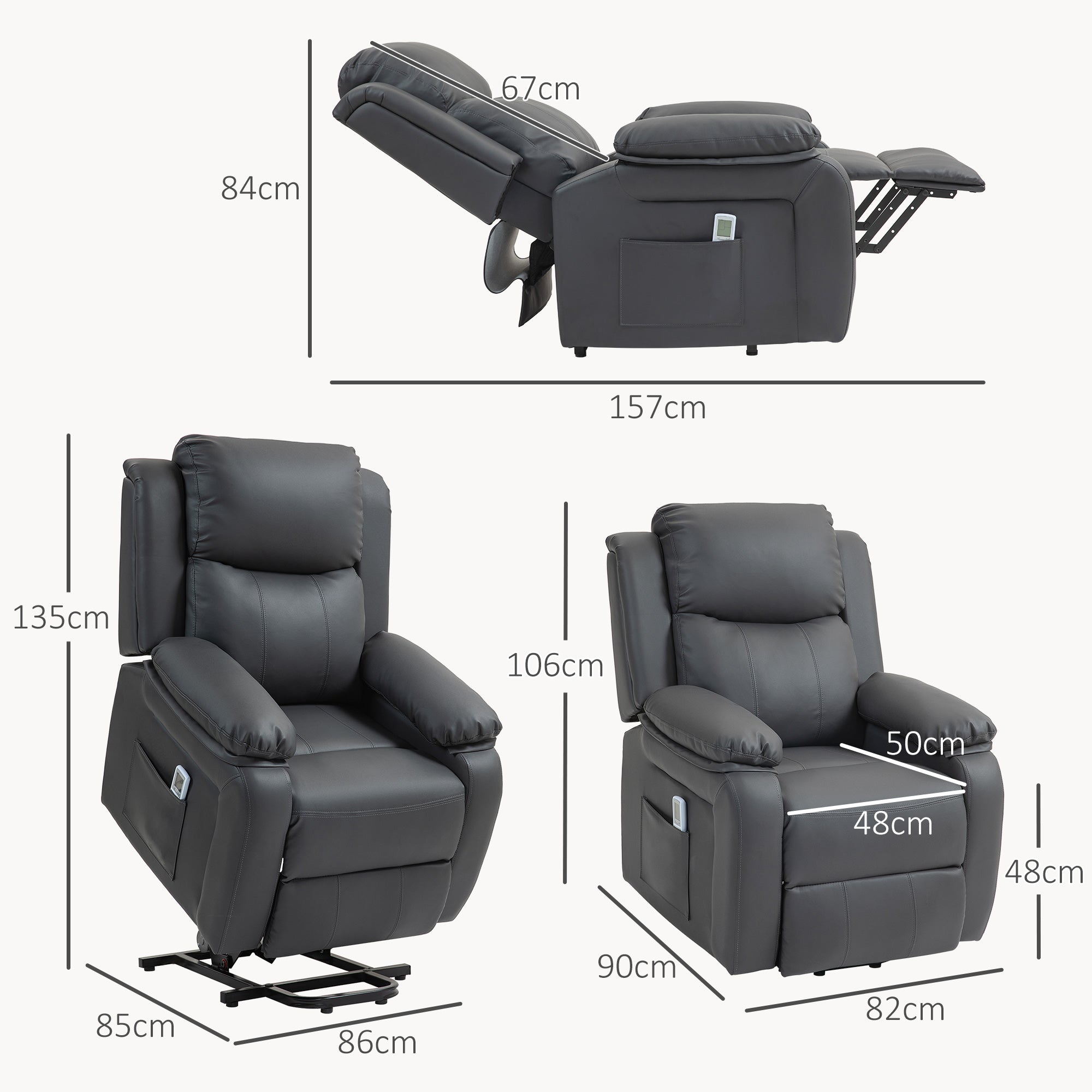 HOMCOM Riser and Recliner Chair with Massage, Heat, Power Lift Recliner Chair for Elderly with Remote Control, Extended Footrest, Dual Side Pockets, Overstuffed Electric Reclining Armchair, Dark Grey