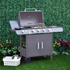 Outsunny 4+1 Burner Gas BBQ Grill, Outdoor Barbecue Trolley with Wheels, Warming Rack, Side Shelves, Cabinet, Thermometer for Garden, Party, Camping, 125L x 51W x 100Hcm, Grey