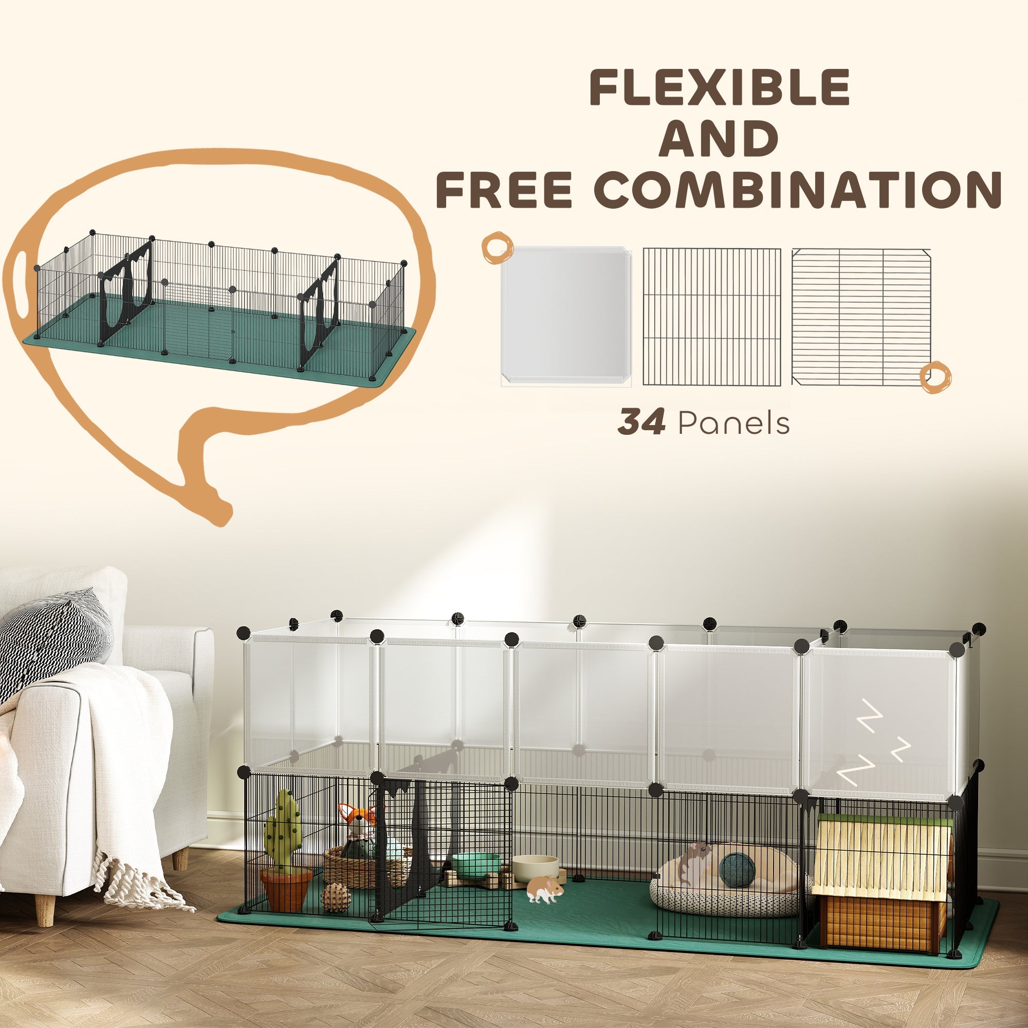 PawHut Pet Playpen with Waterproof Mat, DIY Small Animal Enclosure 34 Panels, Indoor/Outdoor Metal Pet Fence for Guinea Pigs